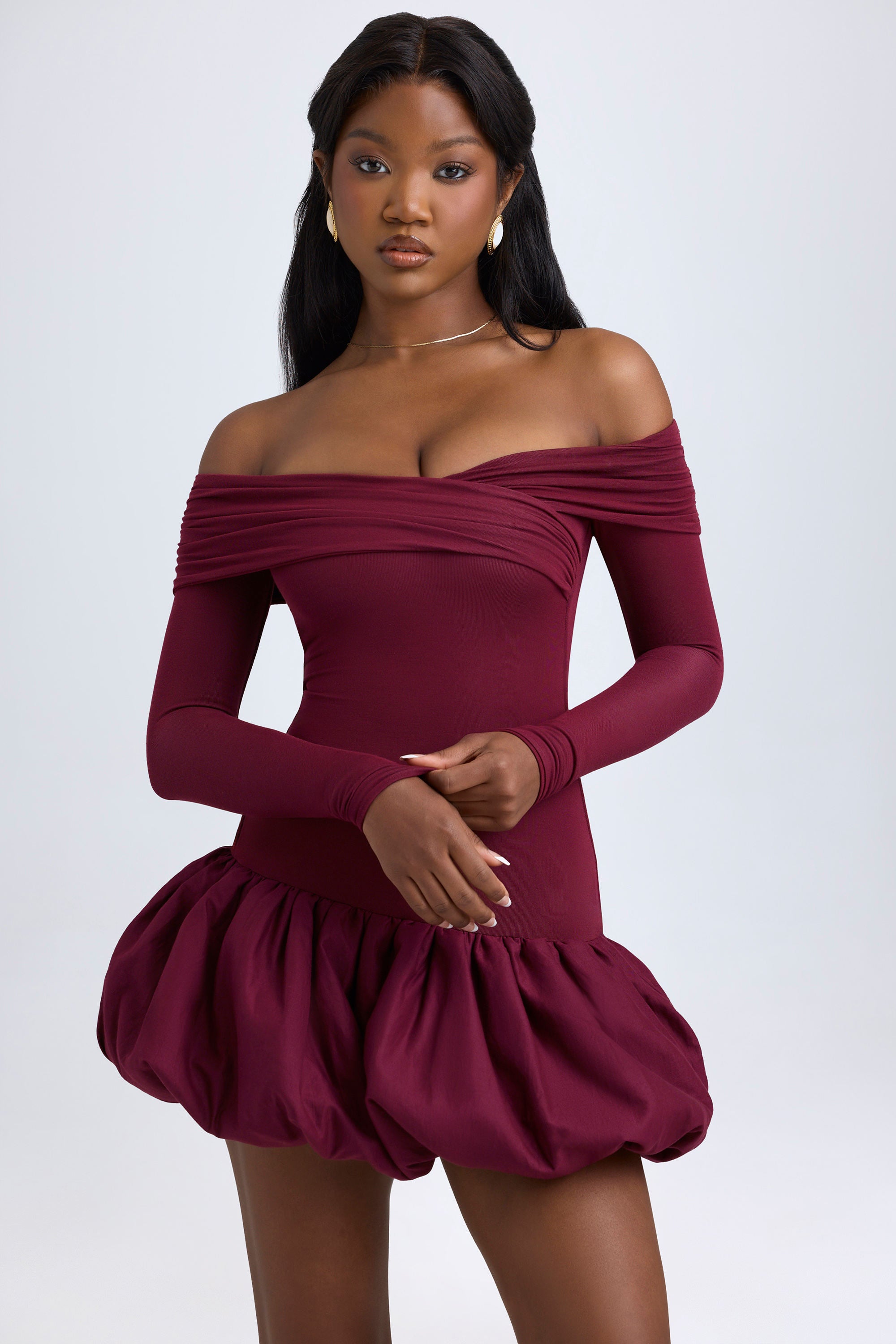 Serra Modal Off-Shoulder Bubble Hem Mini Dress in Wine Red | Oh Polly Serra Modal Off-Shoulder Bubble Hem Mini Dress in Wine Red | Oh Polly