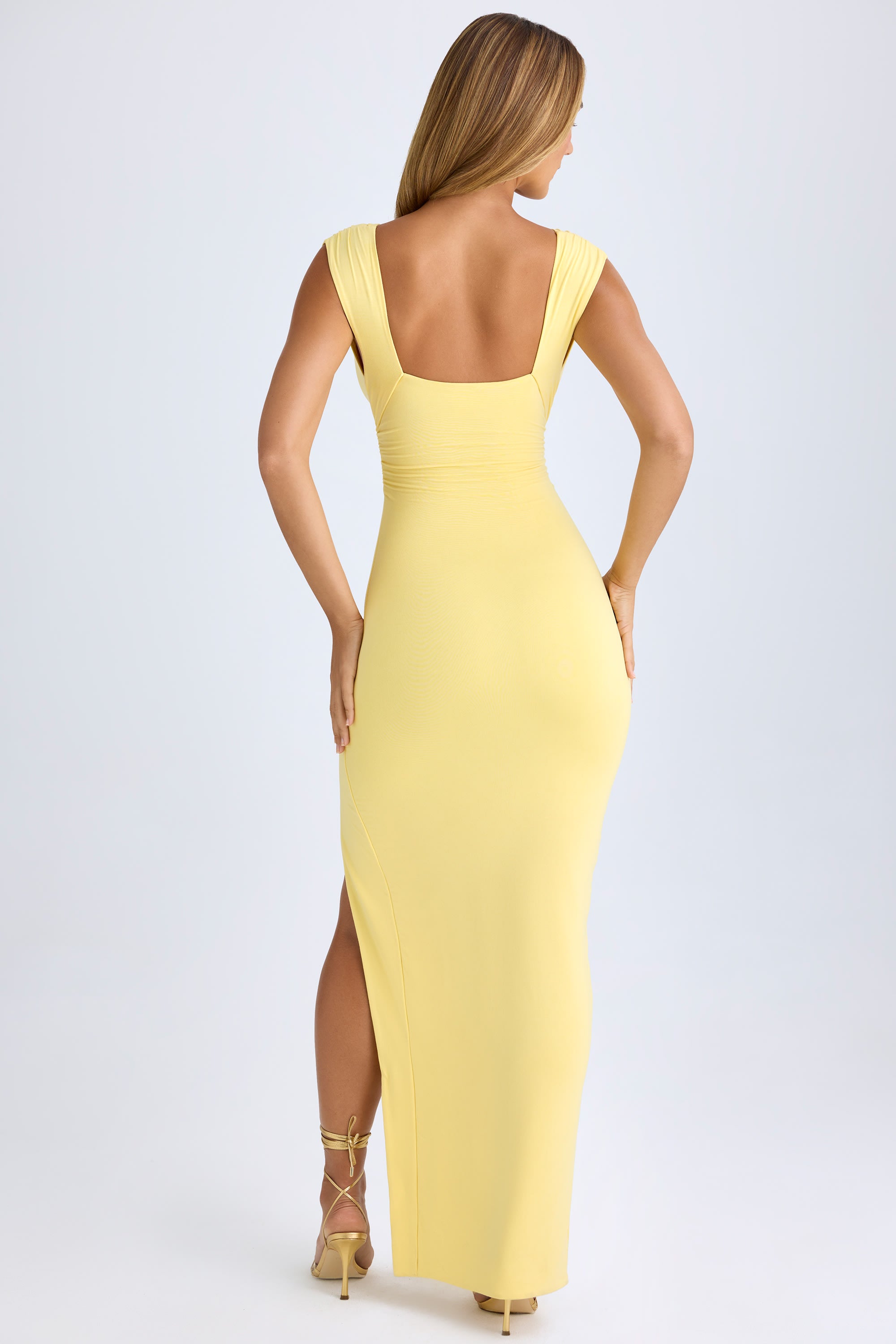 yellow maxi dress with split Modal Plunge-Neck Thigh-Split Maxi Dress in Lemon Sherbet