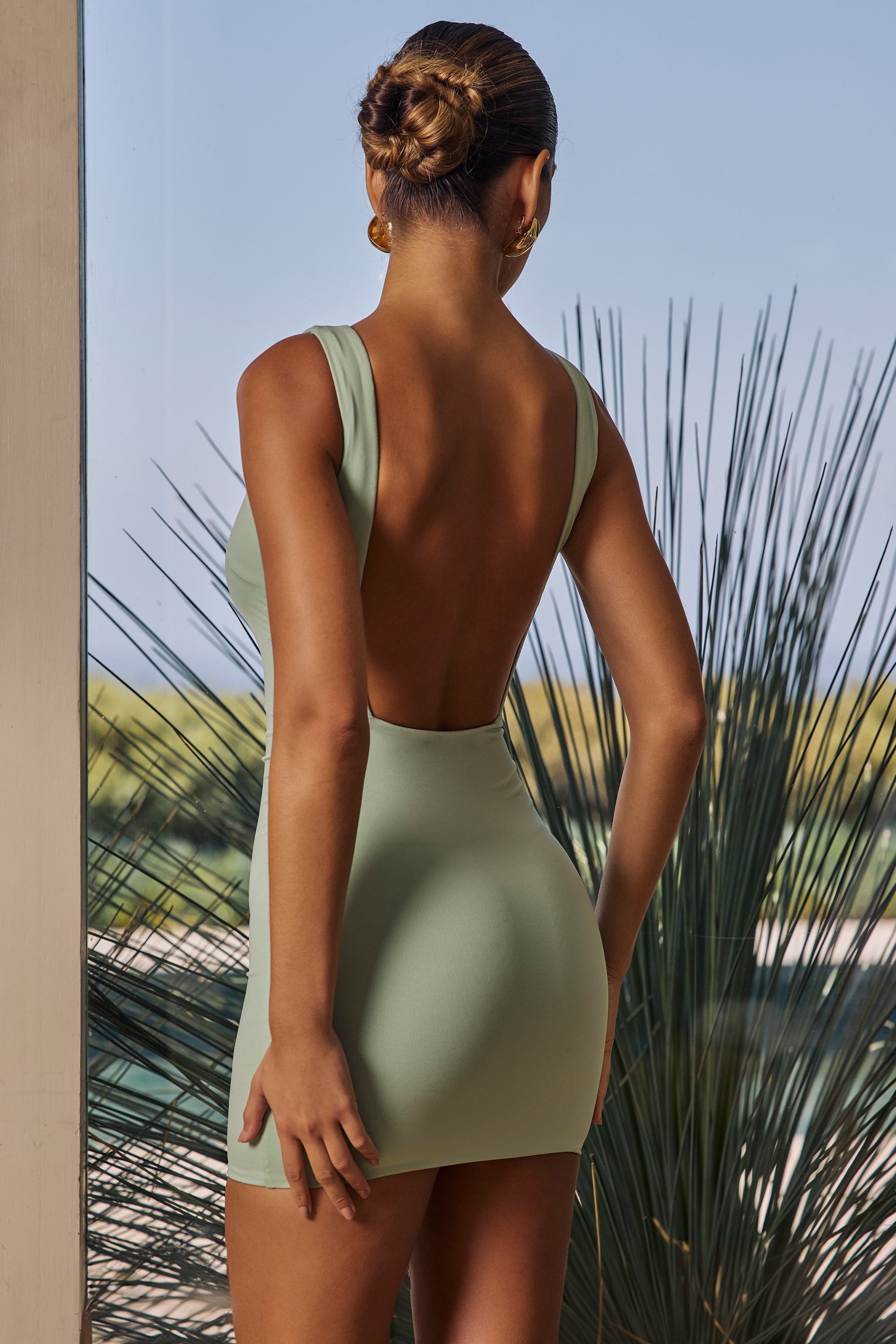 Valetta Draped Open-Back Mini Dress in Green