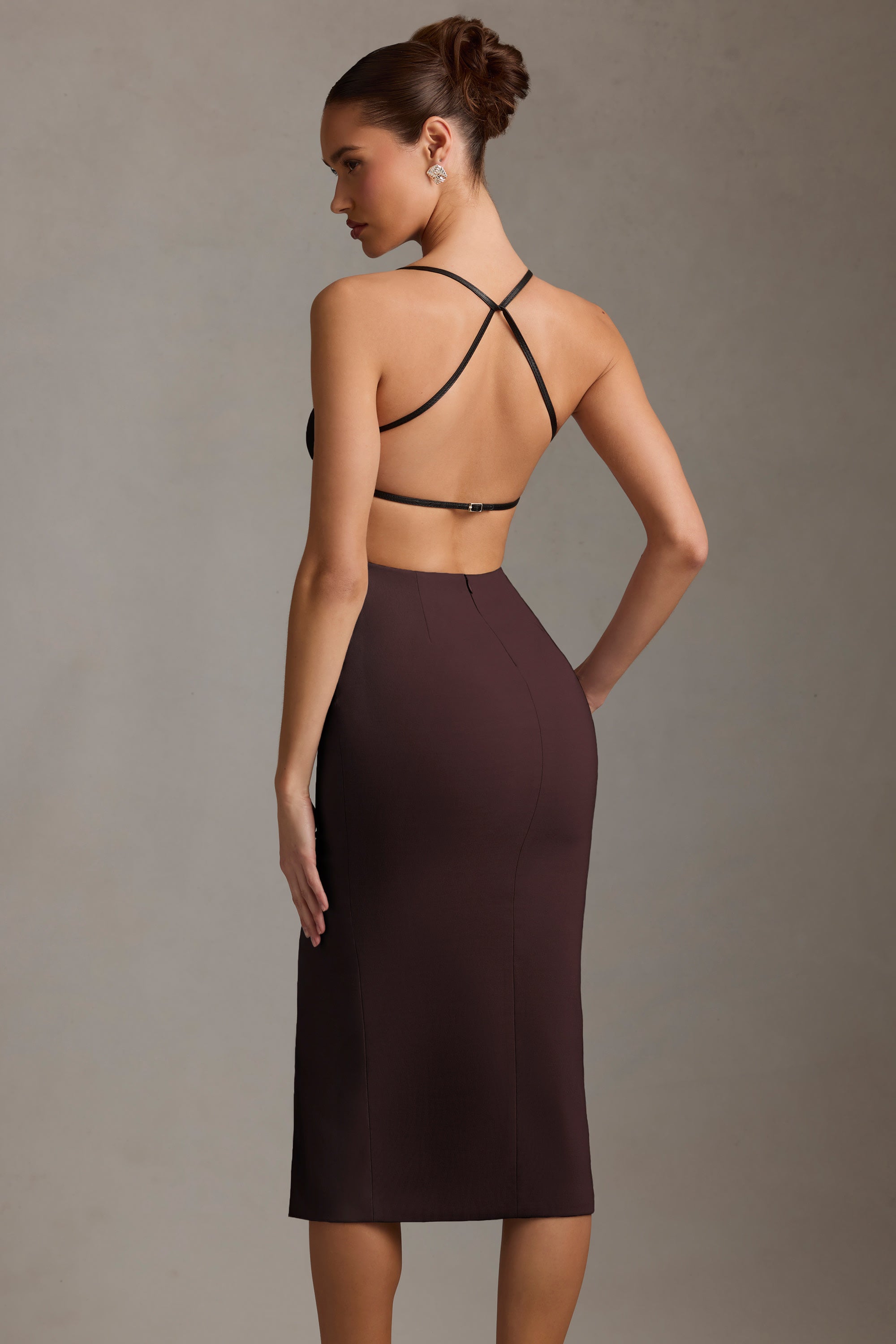 Plunge-Neck Backless Midaxi Dress in Chocolate Brown Plunge-Neck Backless Midaxi Dress in Chocolate Brown