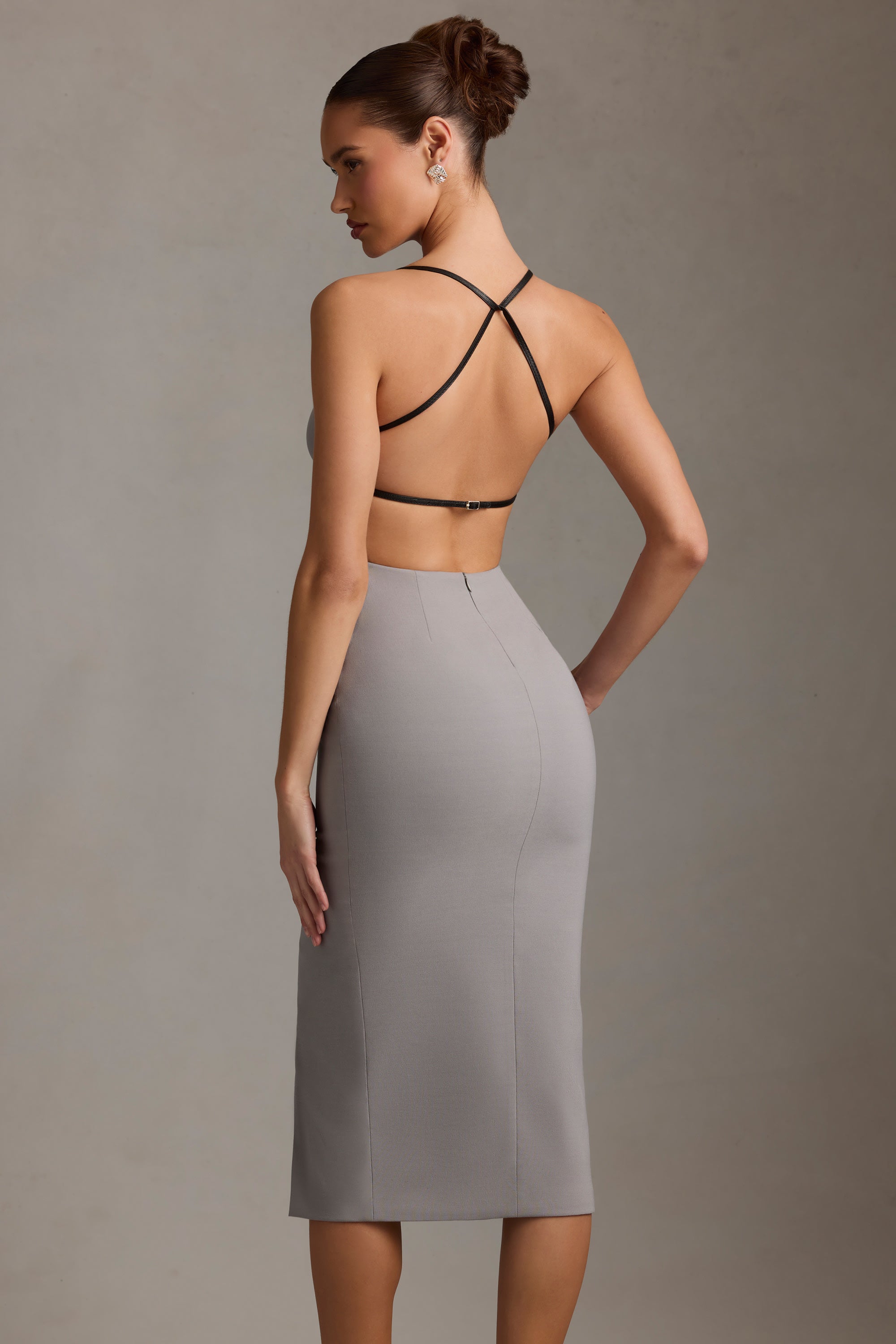 Plunge-Neck Backless Midaxi Dress in Grey Plunge-Neck Backless Midaxi Dress in Grey