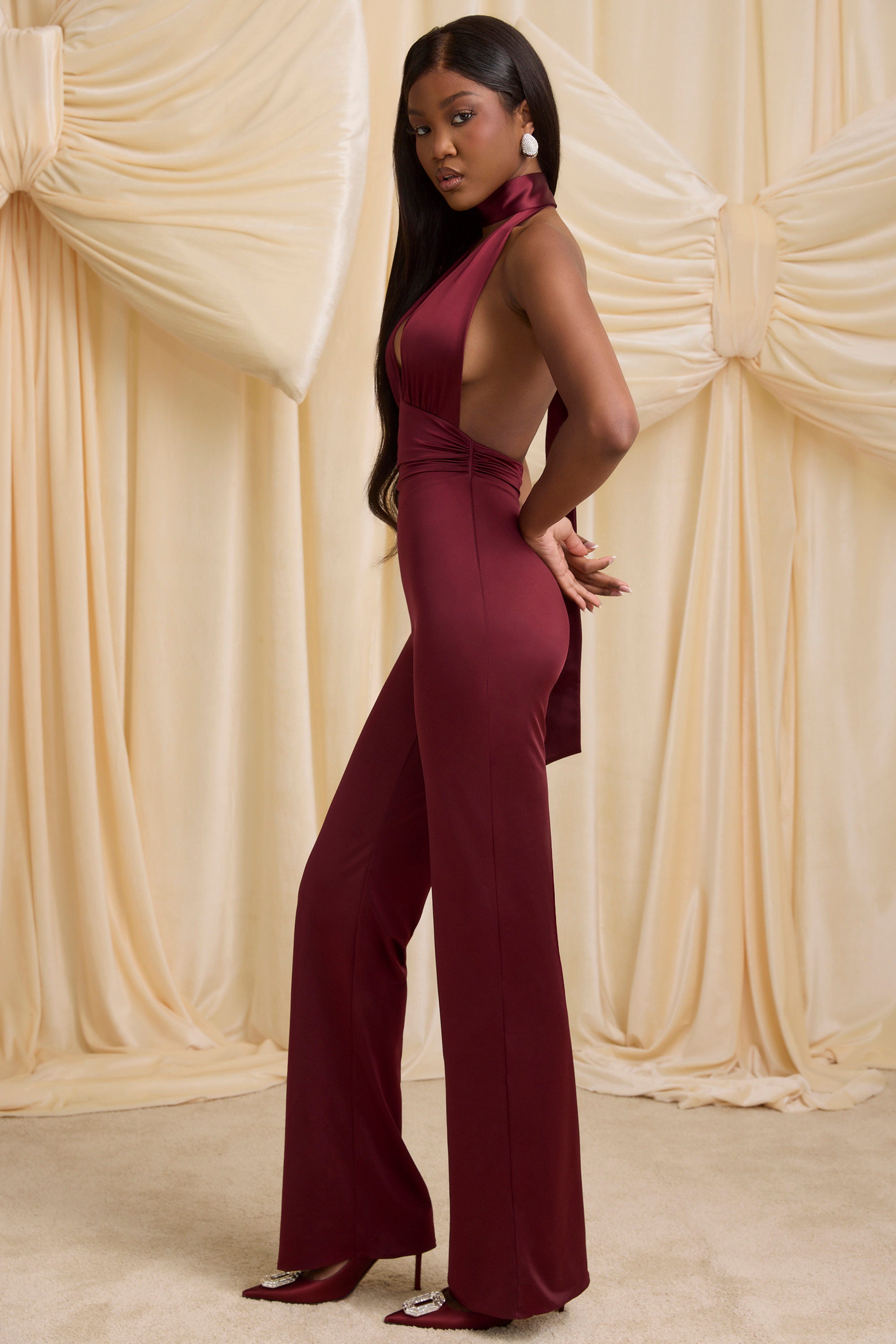 Graceful Jumpsuit with a Chiffon Skirt Overlay Cabernet