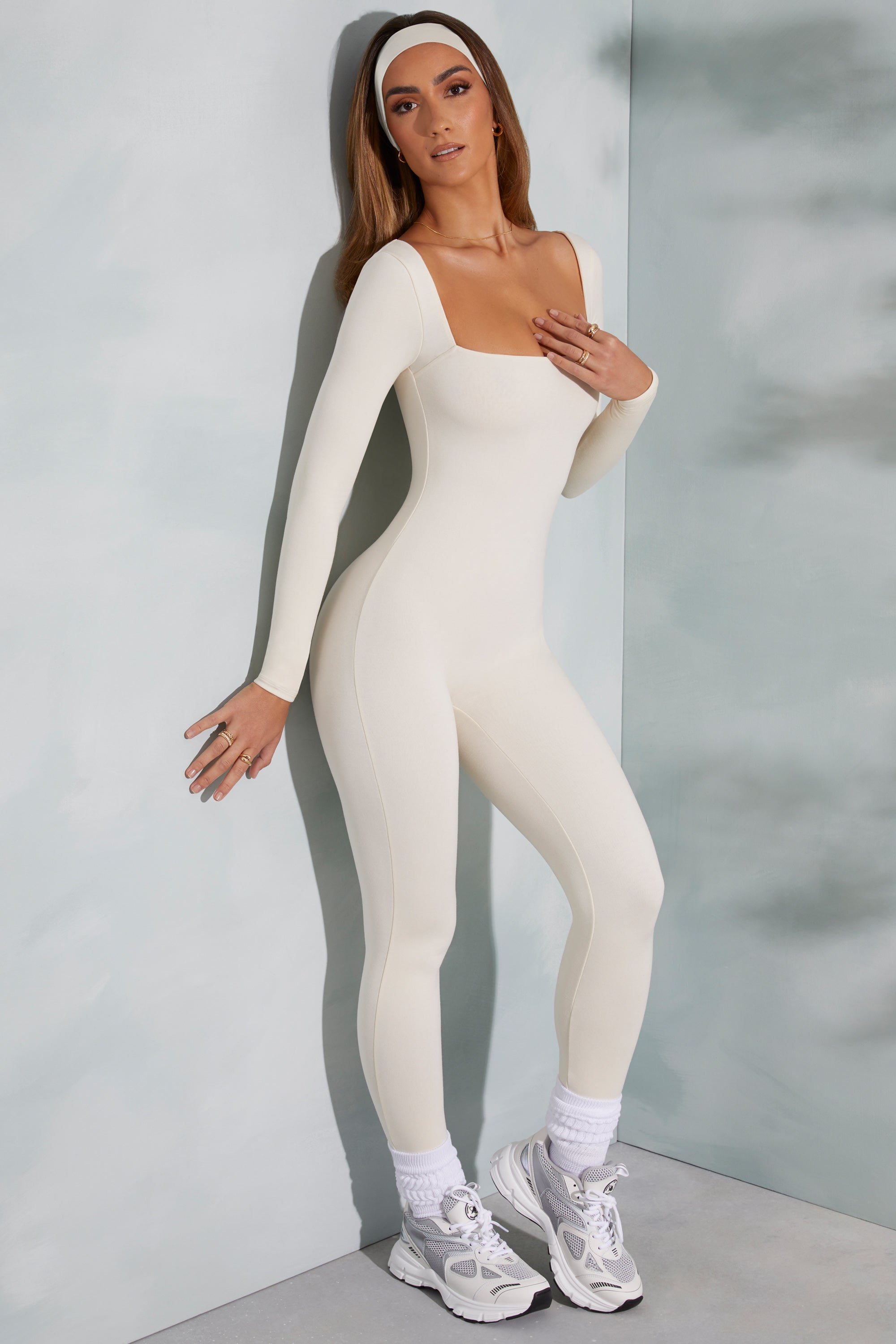 White Diamante Underwired Long Sleeve Jumpsuit