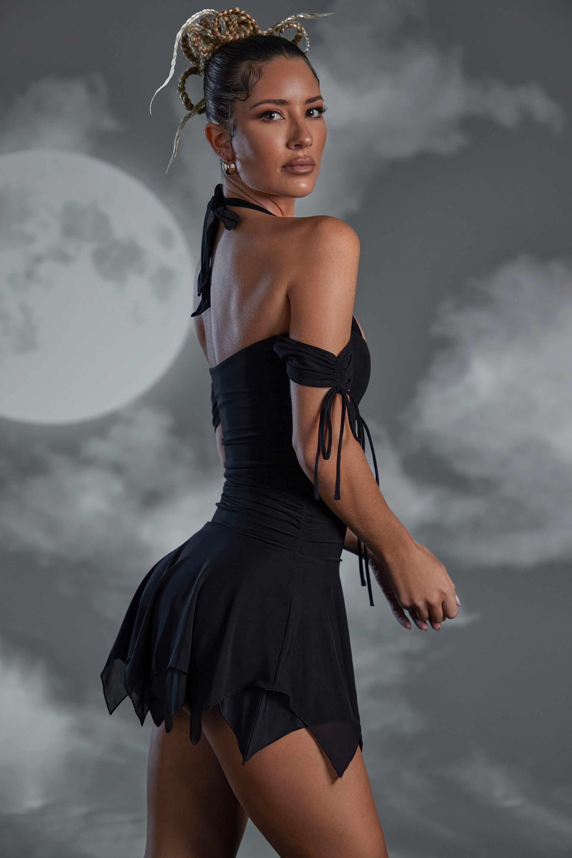 princess polly baby blue dress Elvyra Lace Up Halter Neck Mini Dress in Black