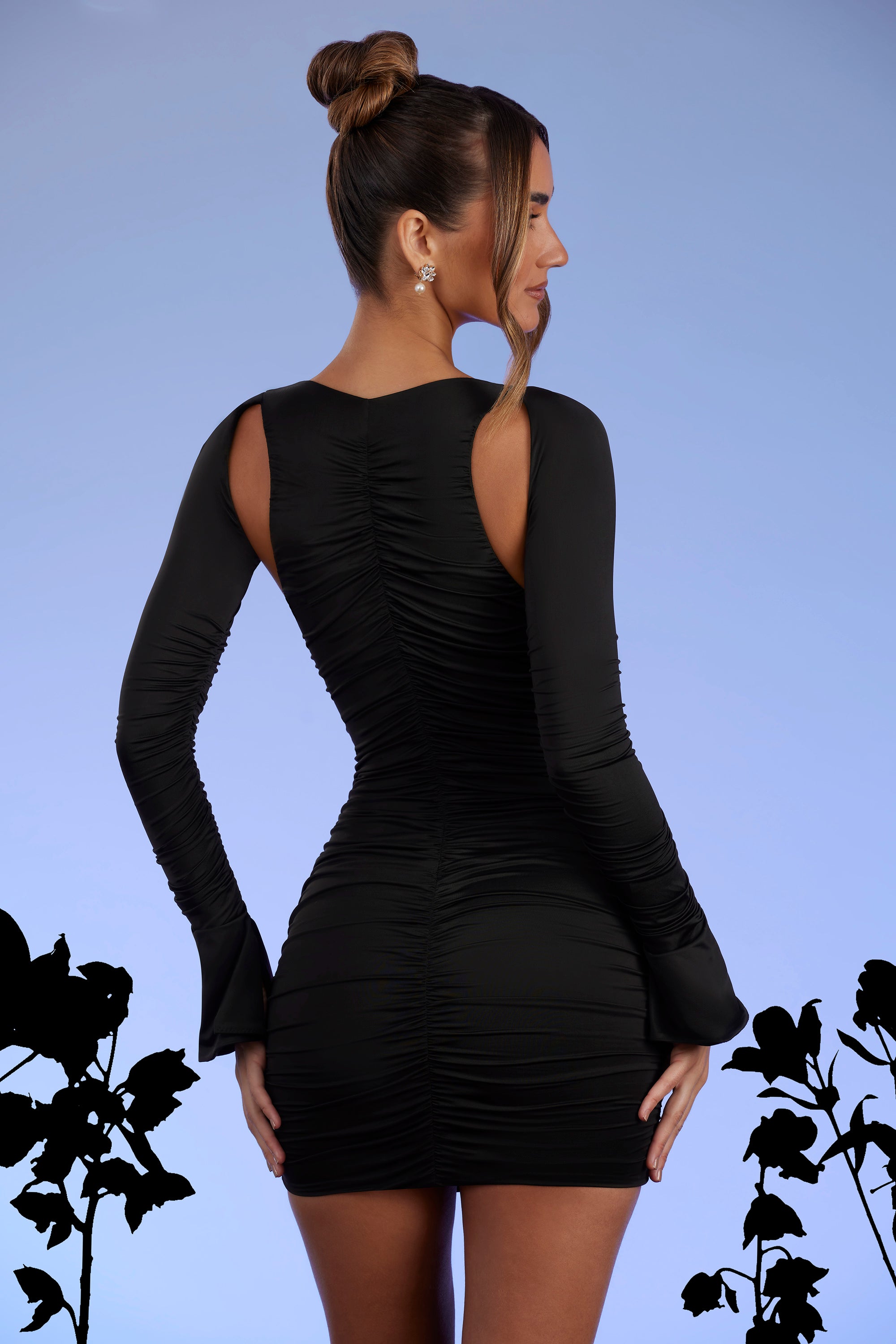 Zurich Low Plunge Ruched Mini Dress in Black