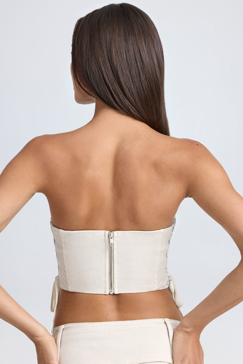 Bandeau Lace-Up Corset Crop Top in Ecru - 2