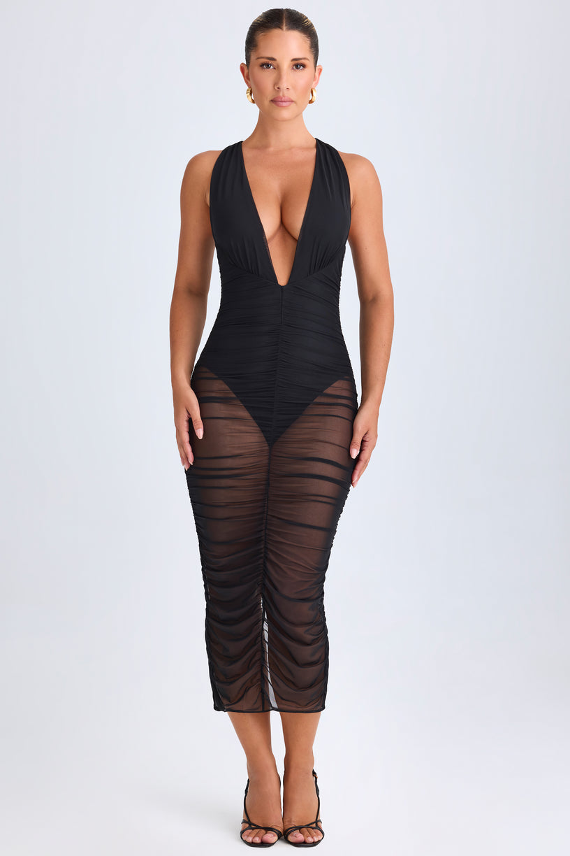 Ruched Plunge Midaxi Dress in Black - 1