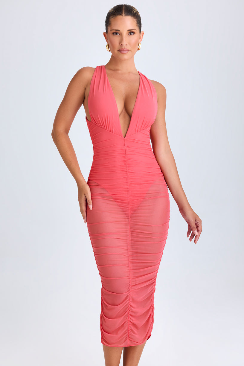 Ruched Plunge Midaxi Dress in Coral - 1