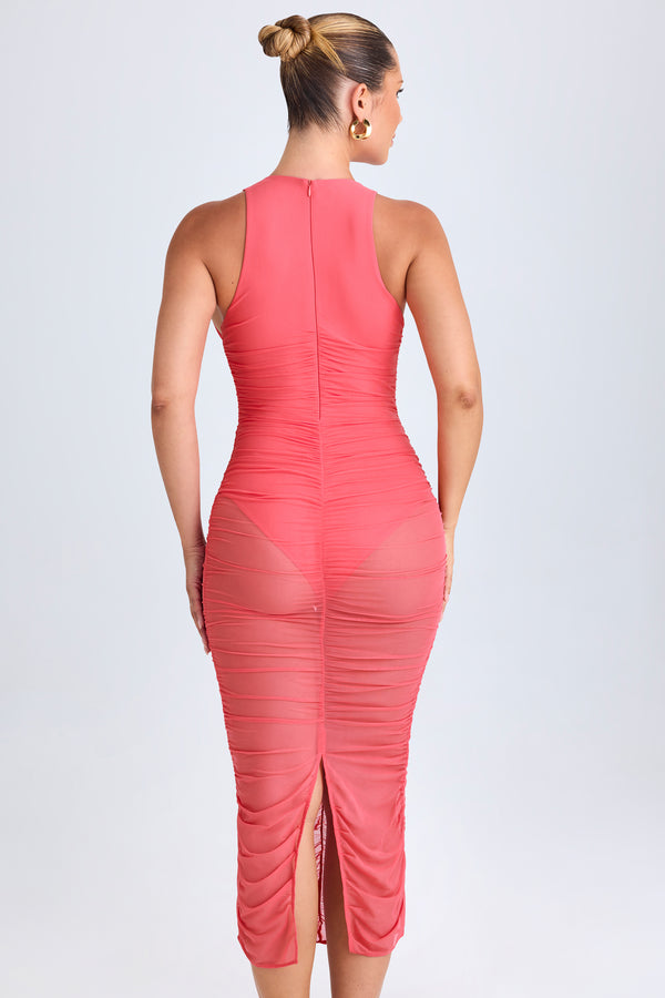 Ruched Plunge Midaxi Dress in Coral - 2