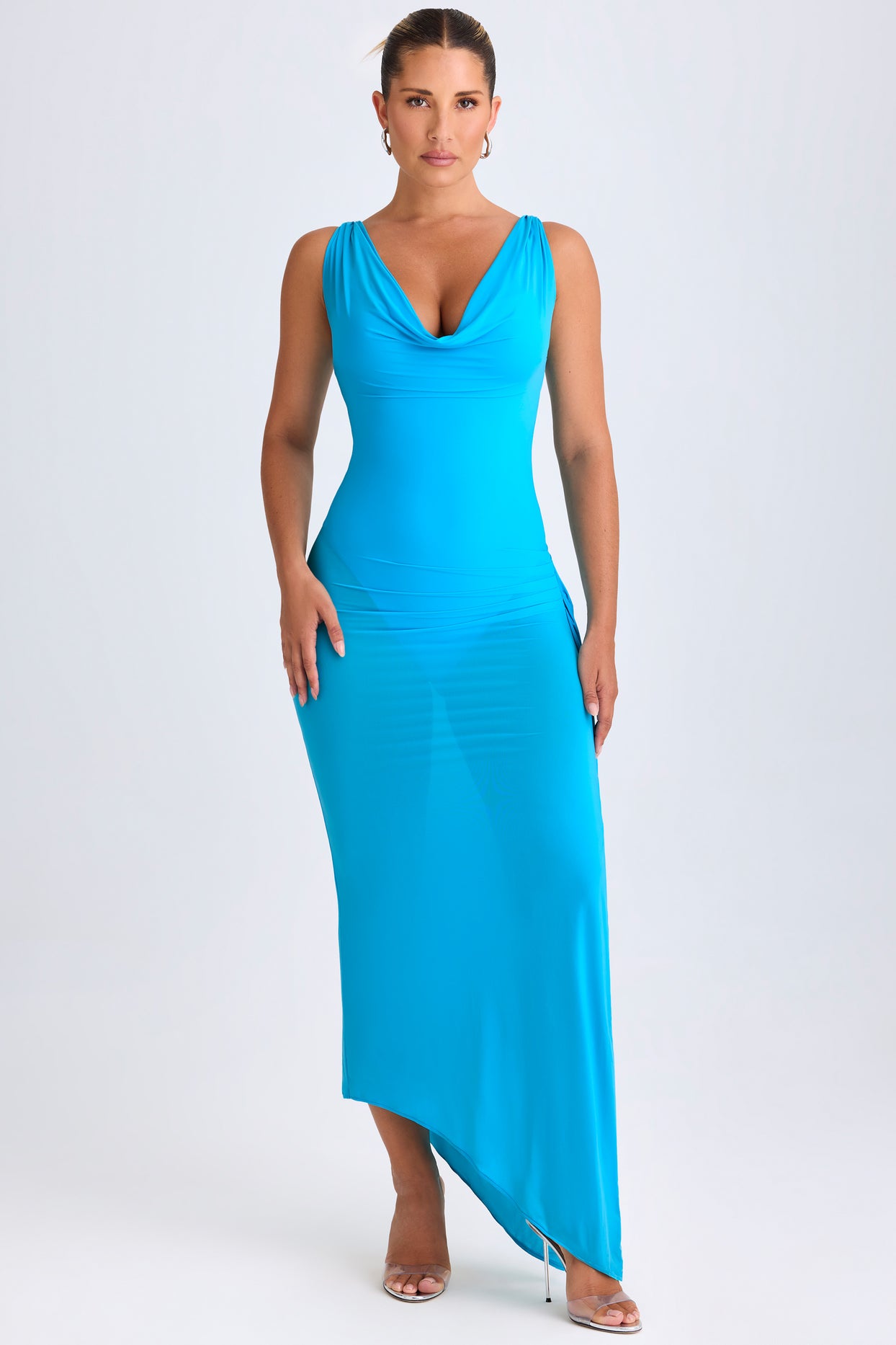 Ruffle-Trim Cowl-Neck Midaxi Dress in Aqua Blue - 4