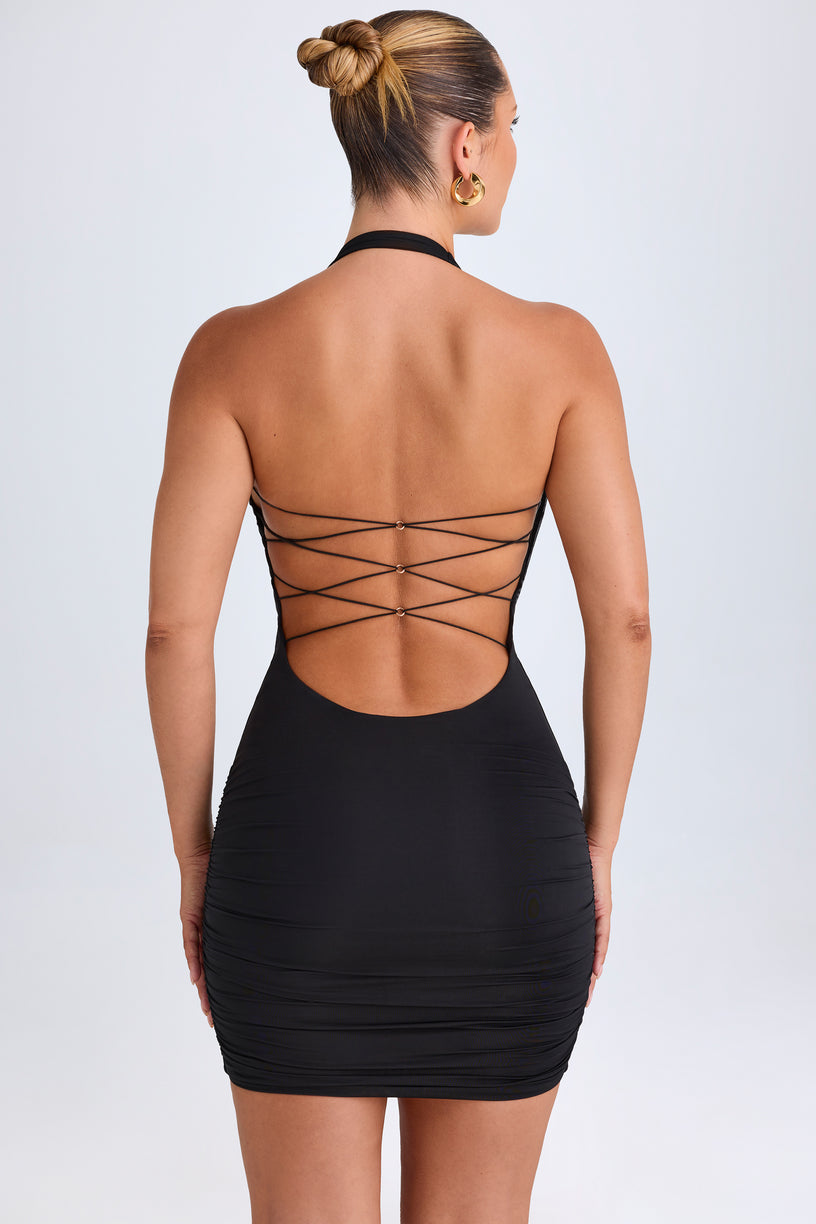 Hardware Detail Cut-Out Cowl-Neck Mini Dress in Black - 2