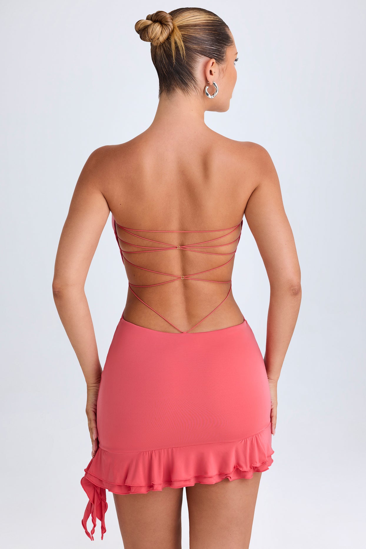 Ruffle-Trim Cut-Out Bandeau Mini Dress in Coral - 2