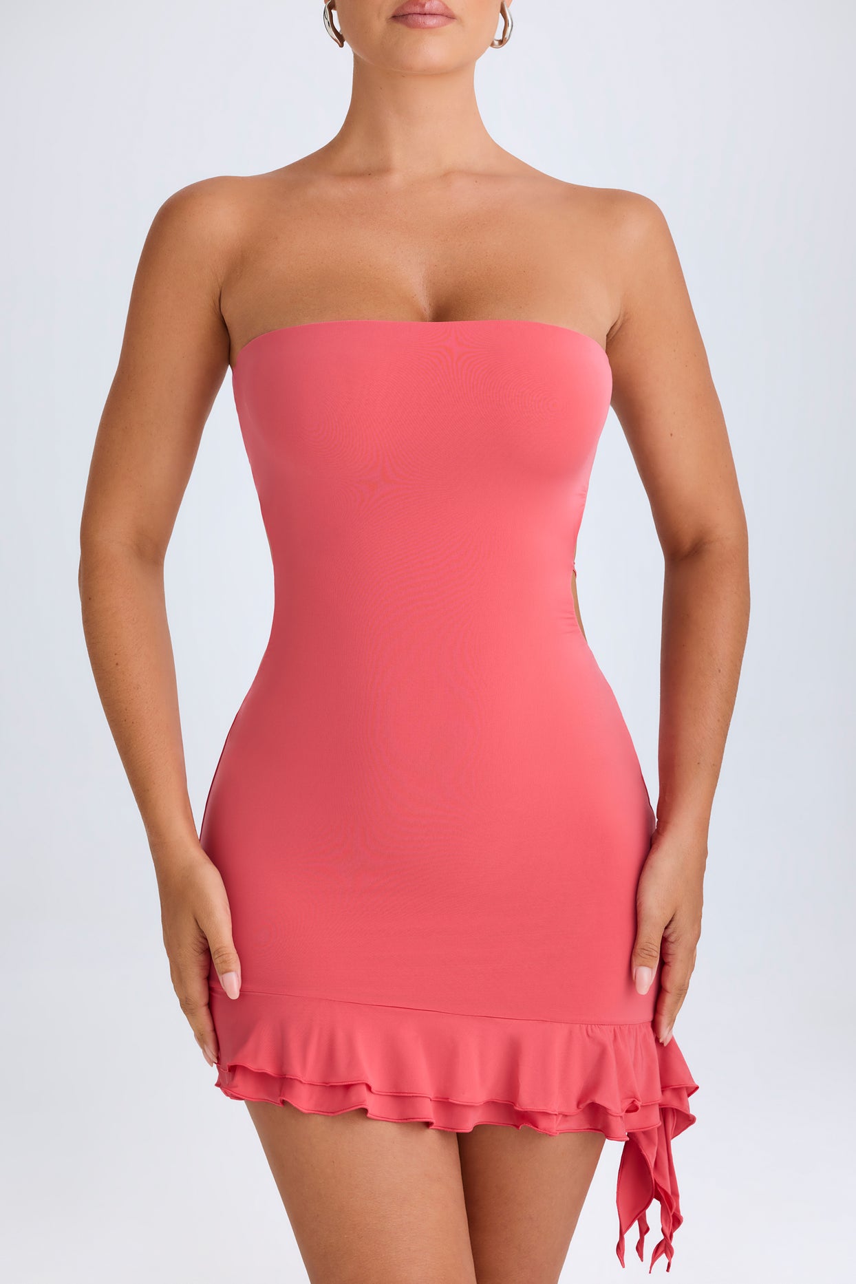 Ruffle-Trim Cut-Out Bandeau Mini Dress in Coral - 4