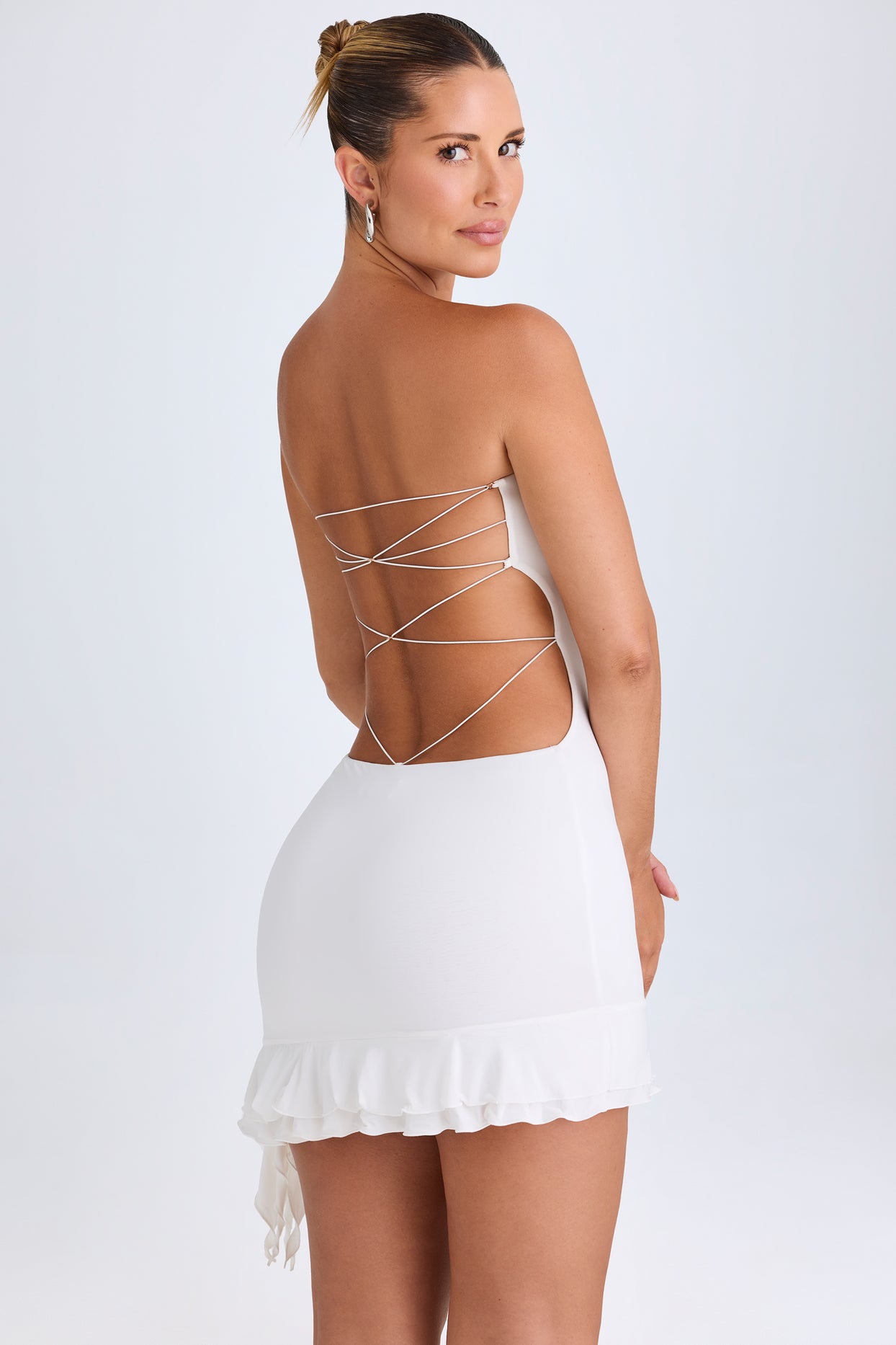 Ruffle-Trim Cut-Out Bandeau Mini Dress in White - 8