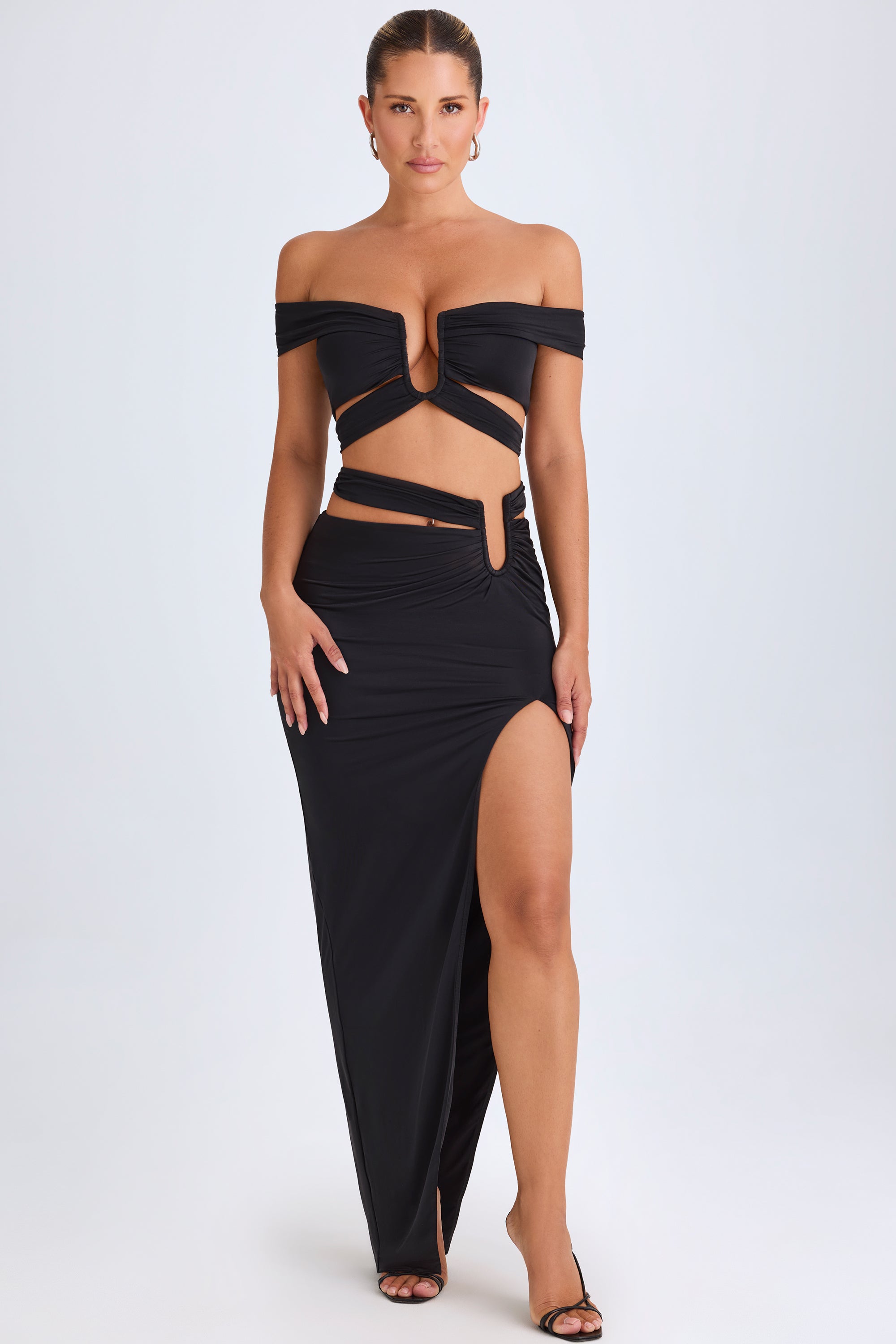 Urara Asymmetric Cut-Out Maxi Skirt in Black Oh Polly