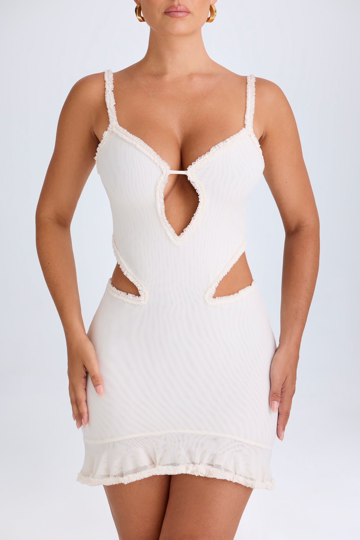 Ruffle-Appliqué Cut-Out Mini Dress in White - 4