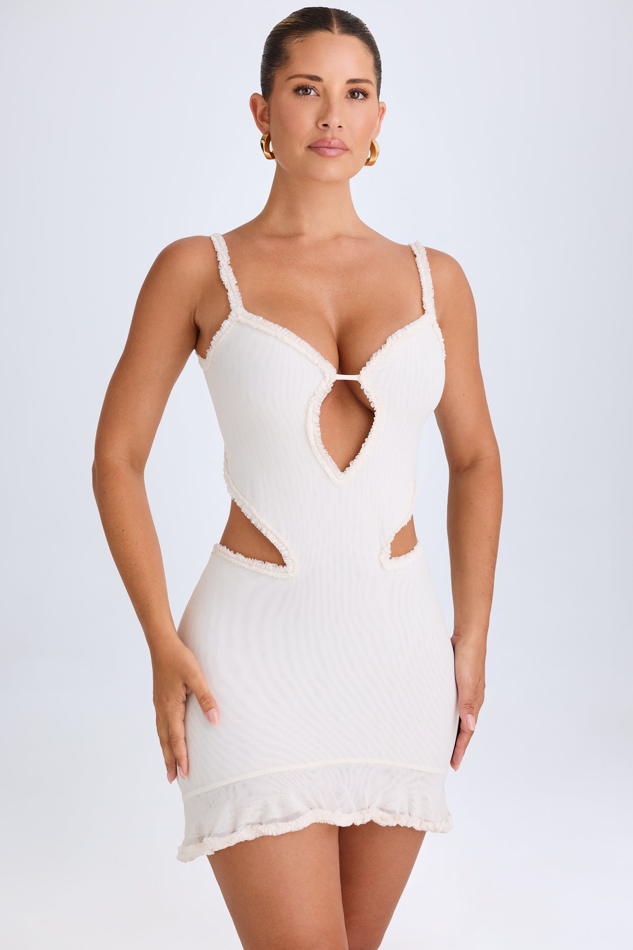 Ruffle-Appliqué Cut-Out Mini Dress in White - 7