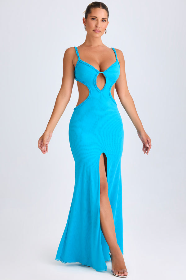 Ruffle-Appliqué Cut-Out Maxi Dress in Aqua Blue - 1