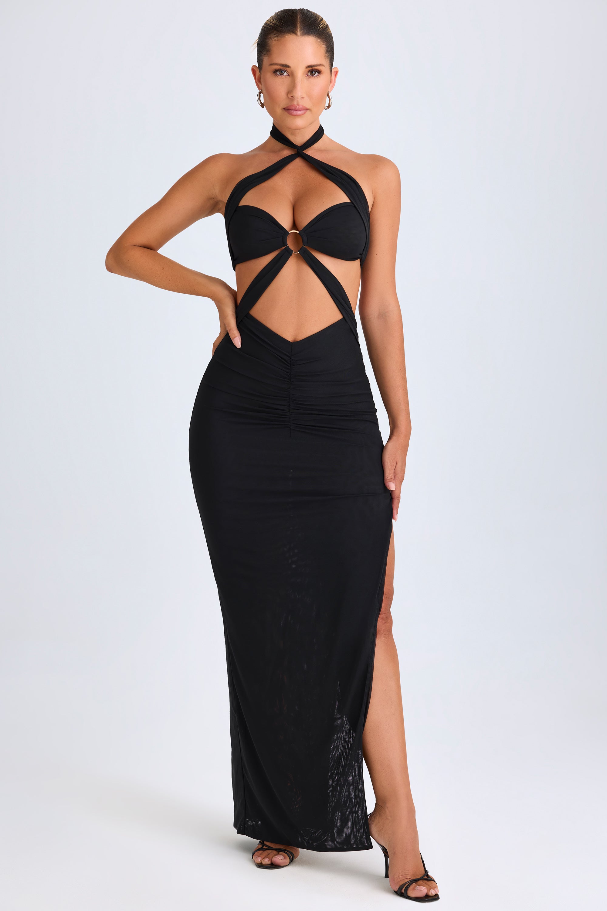 Suvi Asymmetric Neckline Ruched Cut Out Maxi Dress in Black