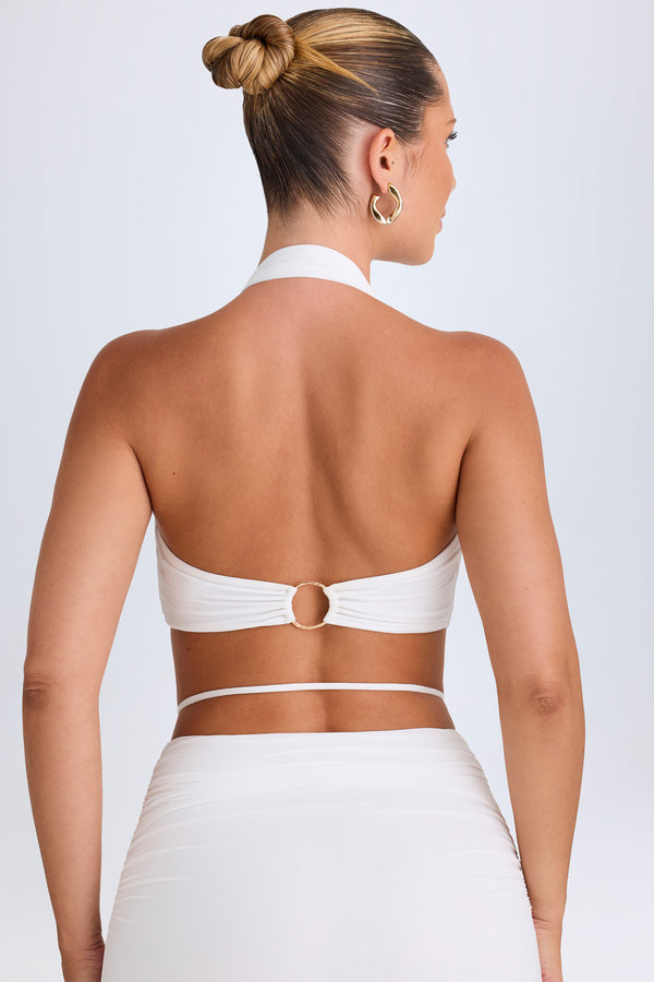 Plunge Hardware-Detail Halterneck Crop Top in White - 2