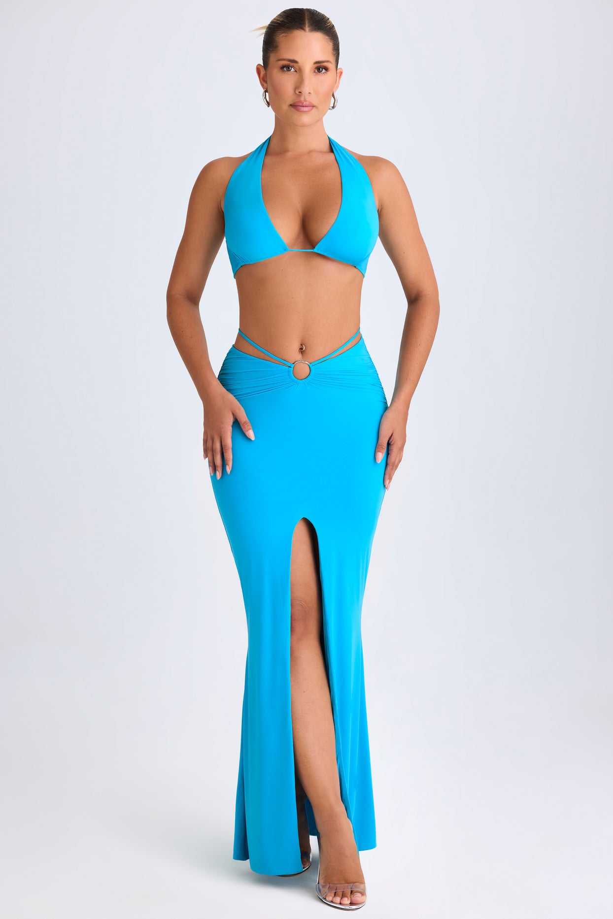 Hardware-Detail Mid-Rise Maxi Skirt in Aqua Blue - 4