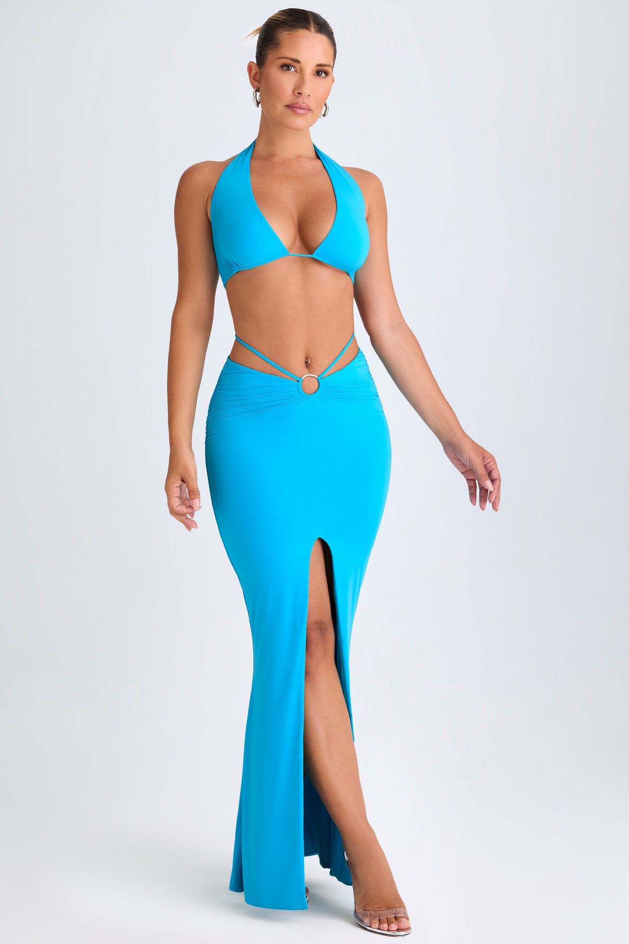 Hardware-Detail Mid-Rise Maxi Skirt in Aqua Blue - 6
