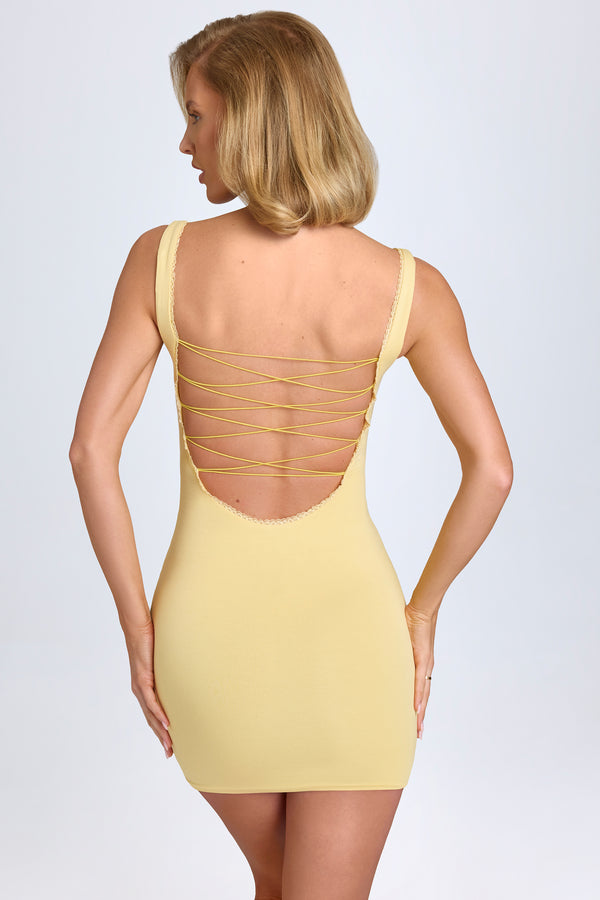 Modal Lace-Trim Bodycon Mini Dress in Pastel Yellow - 1
