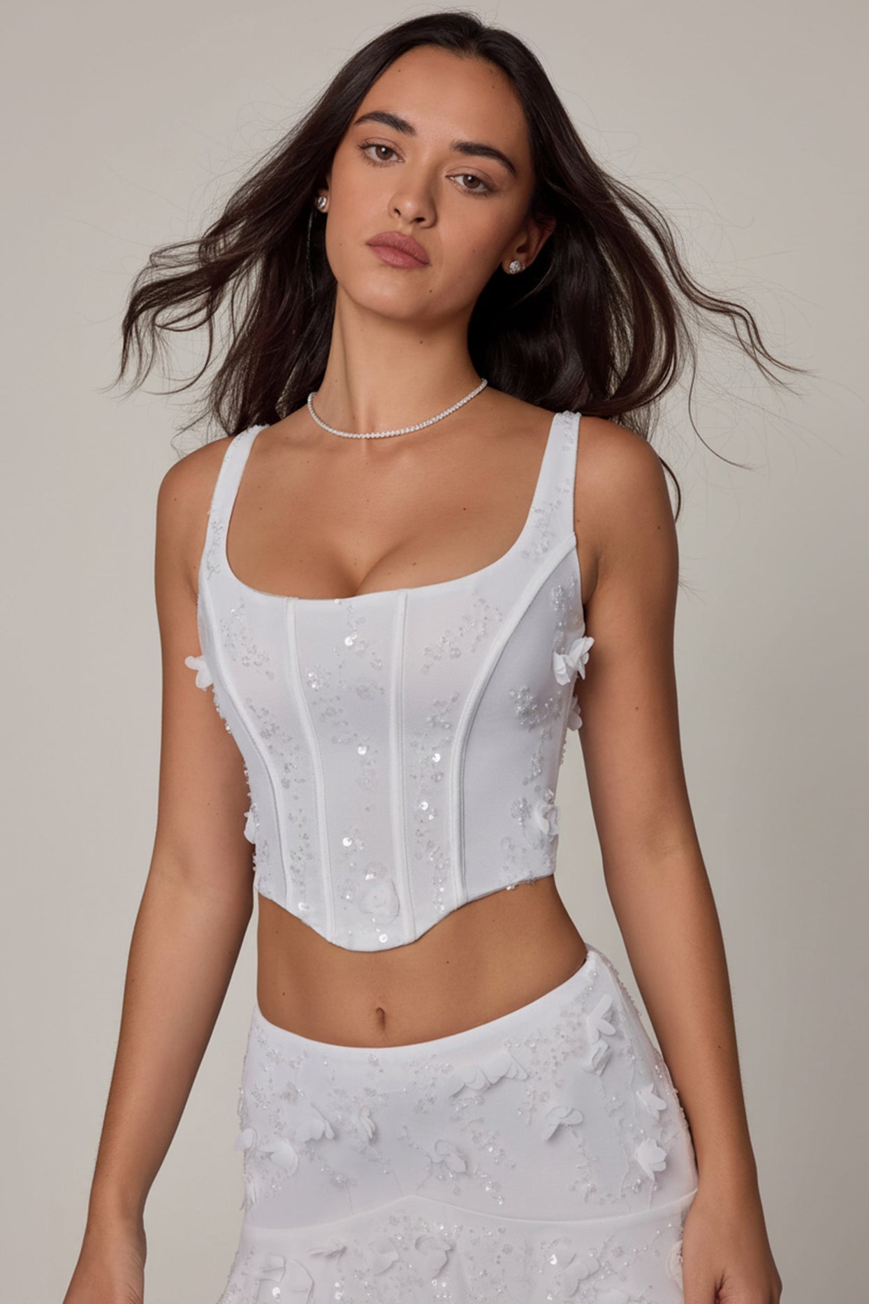 Embellished Lace-Up Corset Top in White - 7
