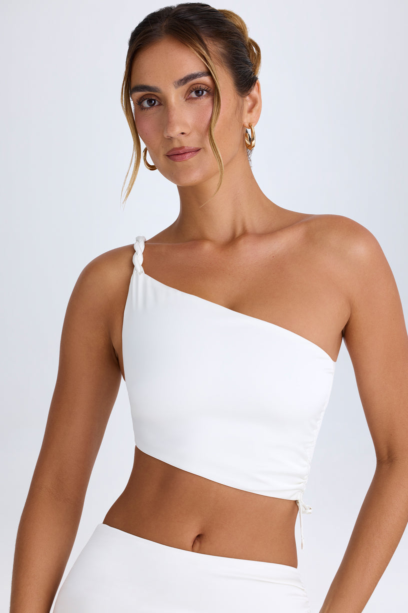Ruched Asymmetric Crop Top in White - 1