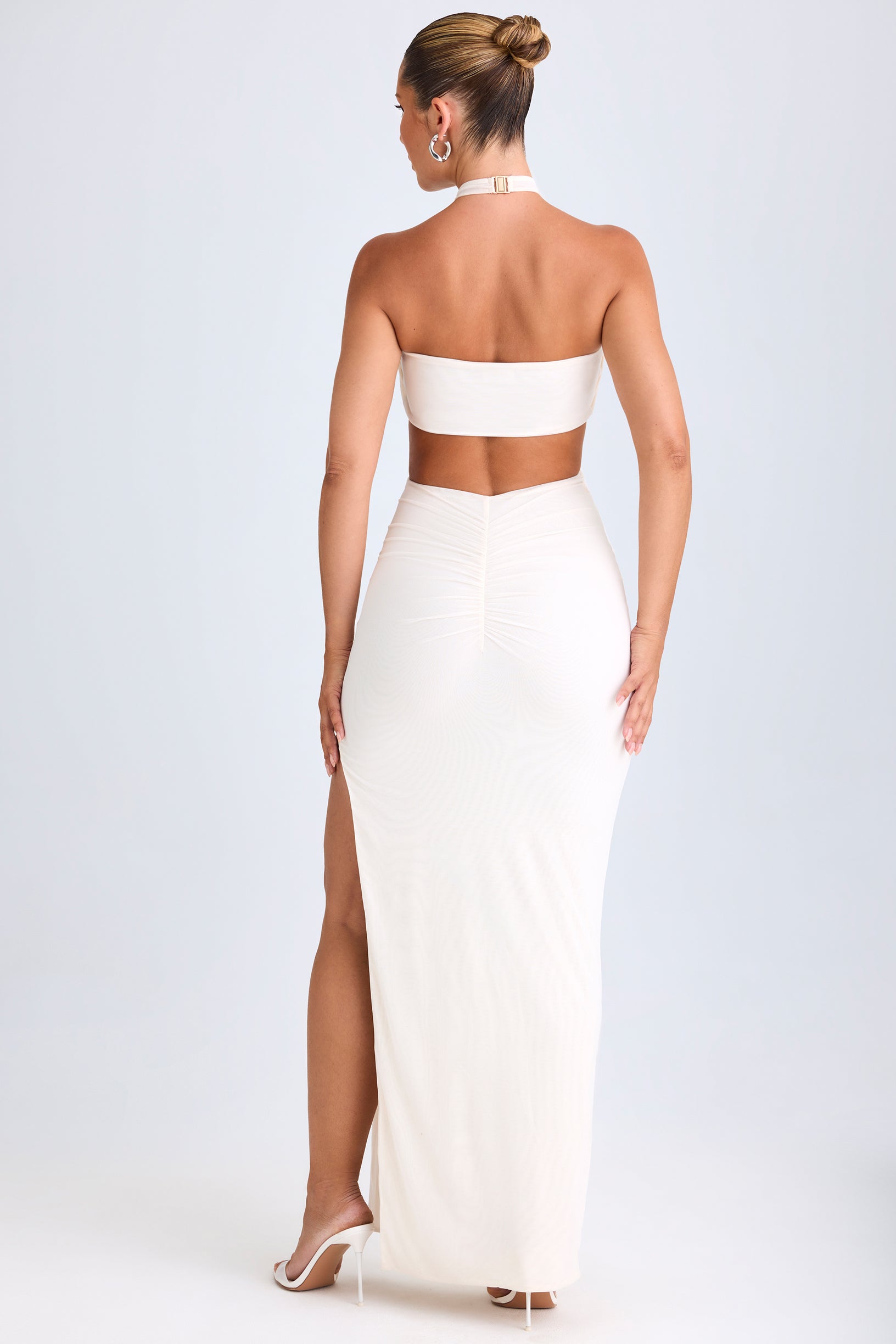 Cut-Out Ruched Halterneck Maxi Dress in White - 2