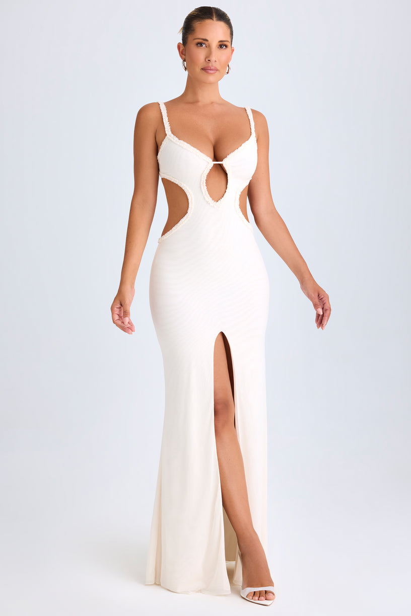 Ruffle-Appliqué Cut-Out Maxi Dress in White - 1