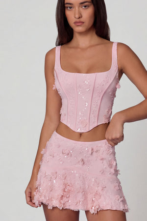 Oh Polly's Roberta wearing the Lorelei Mini Skirt in Ballet Pink Embellished fabric perfect for birthday celebrations