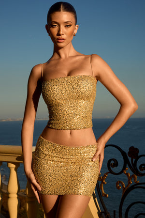 Nilsu Embellished Mid-Rise Micro Mini Skirt in Gold Oh Polly