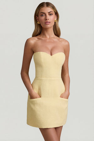 Talina Sweetheart-Neck Strapless Structured Mini Dress in Pastel Yellow