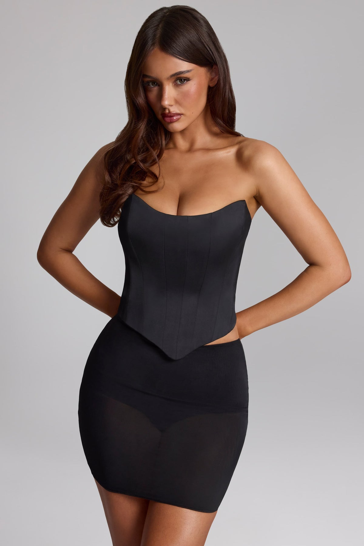Satin Lace-Up Corset Top in Black