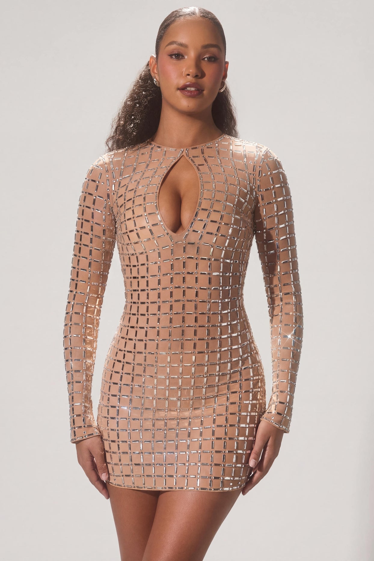 Embellished Semi-Sheer Cut-Out Mini Dress in Almond - 8