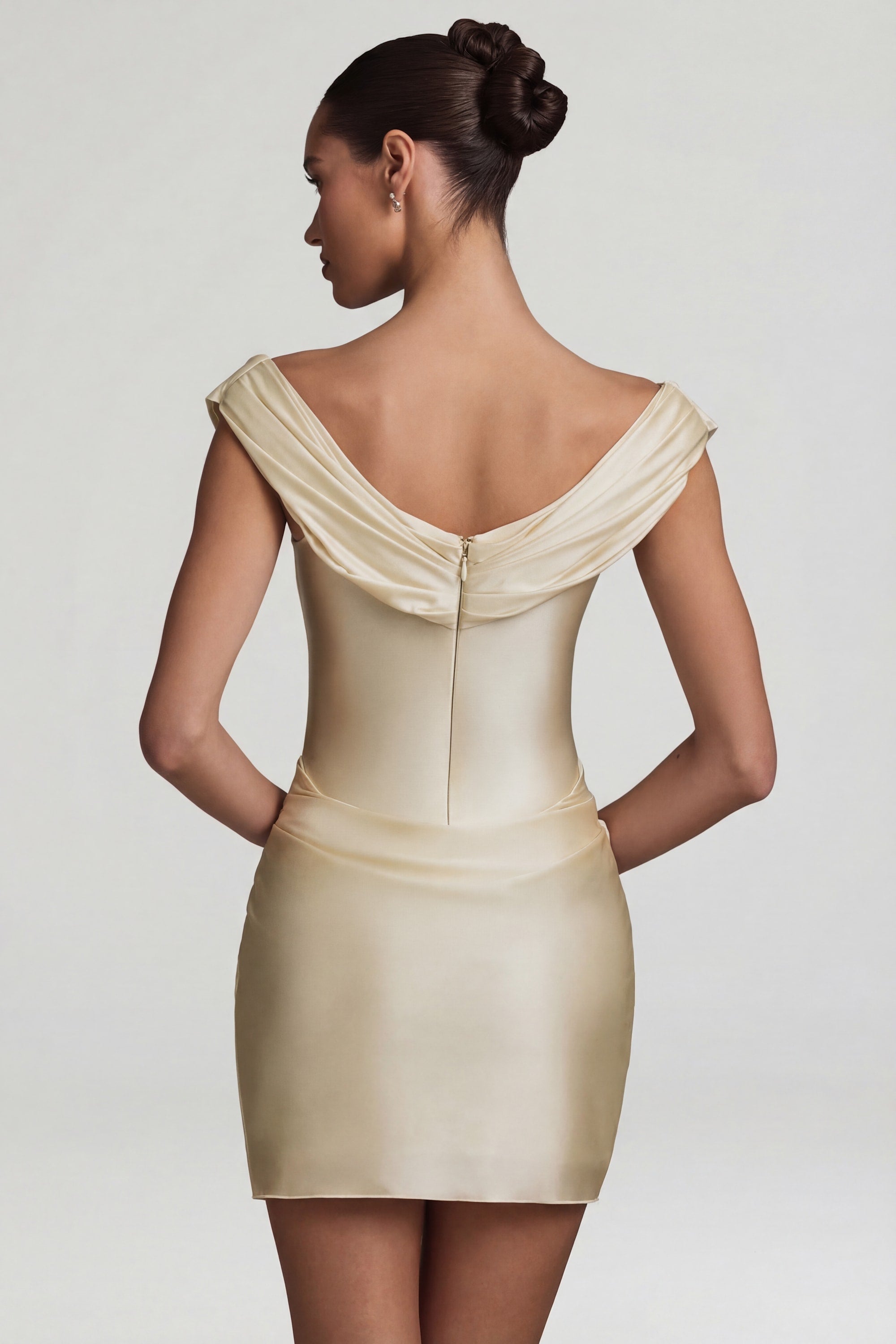 Satin Off-Shoulder Draped Mini Dress in Pearl