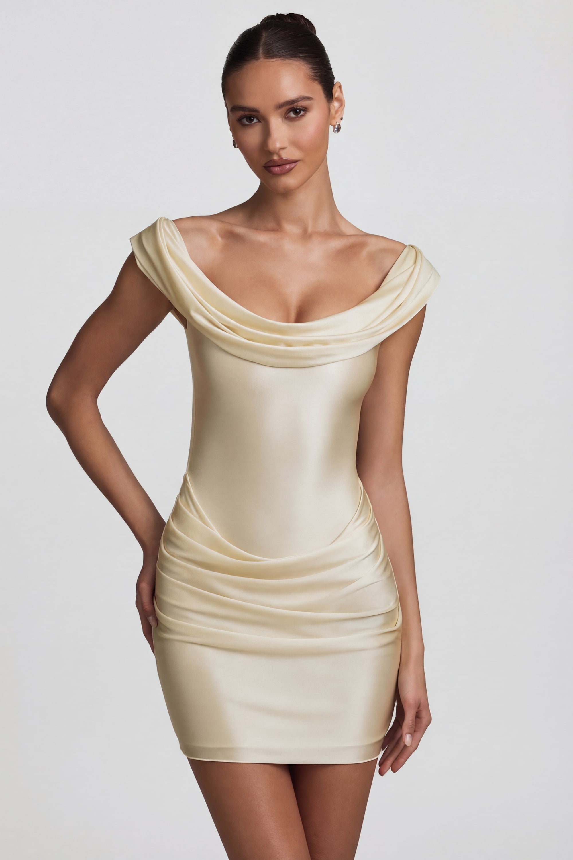 Satin Off-Shoulder Draped Mini Dress in Pearl