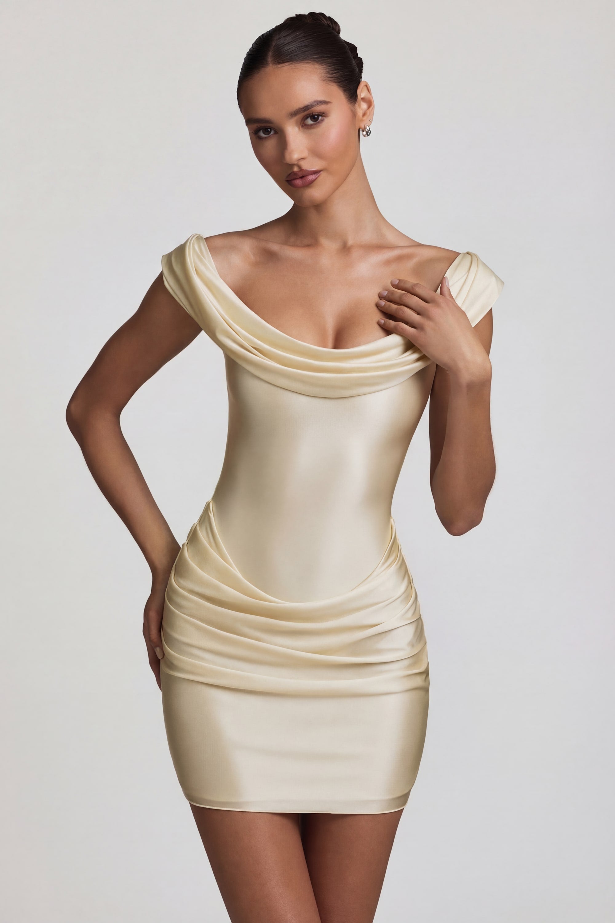 Satin Off-Shoulder Draped Mini Dress in Pearl