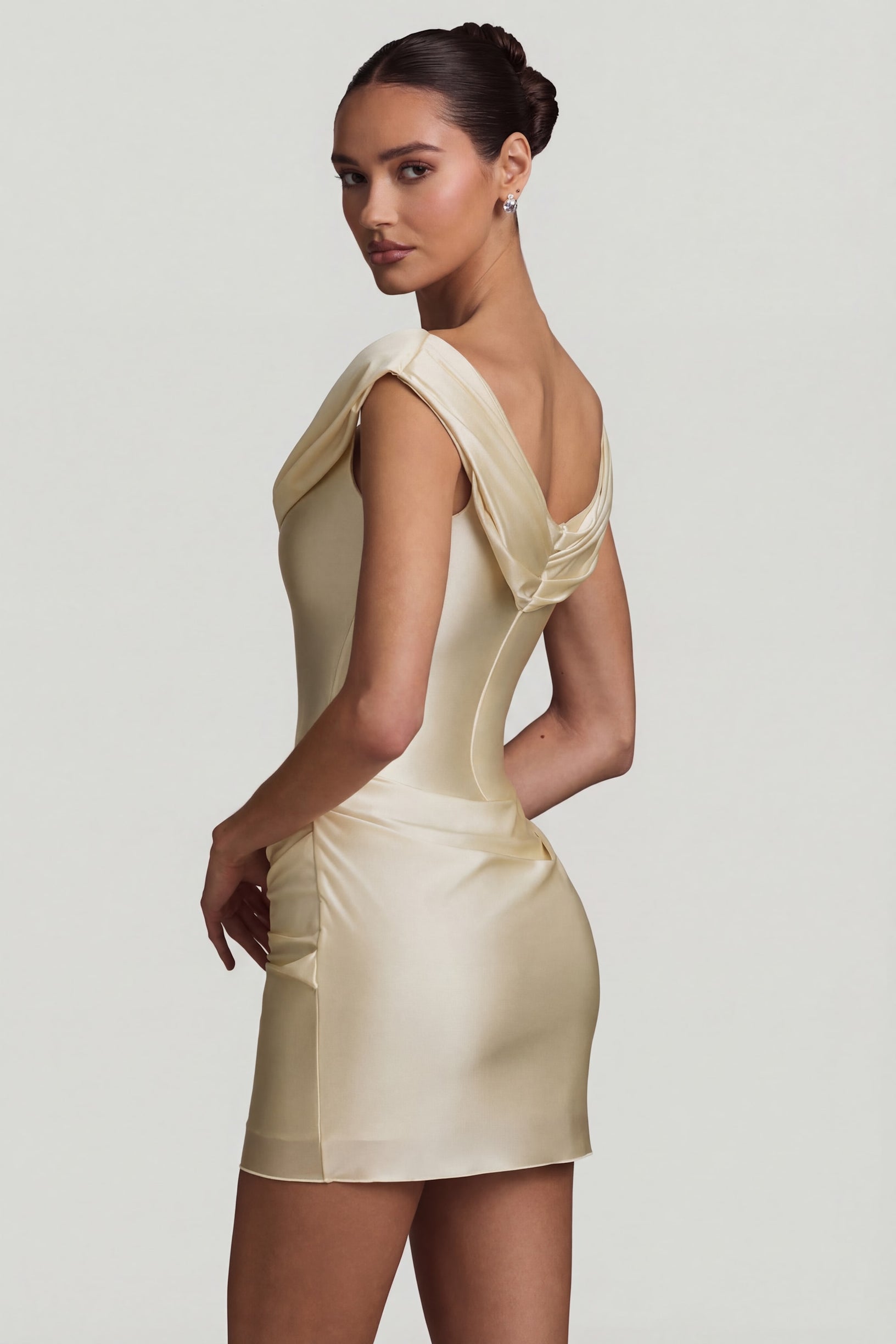 Satin Off-Shoulder Draped Mini Dress in Pearl - 2