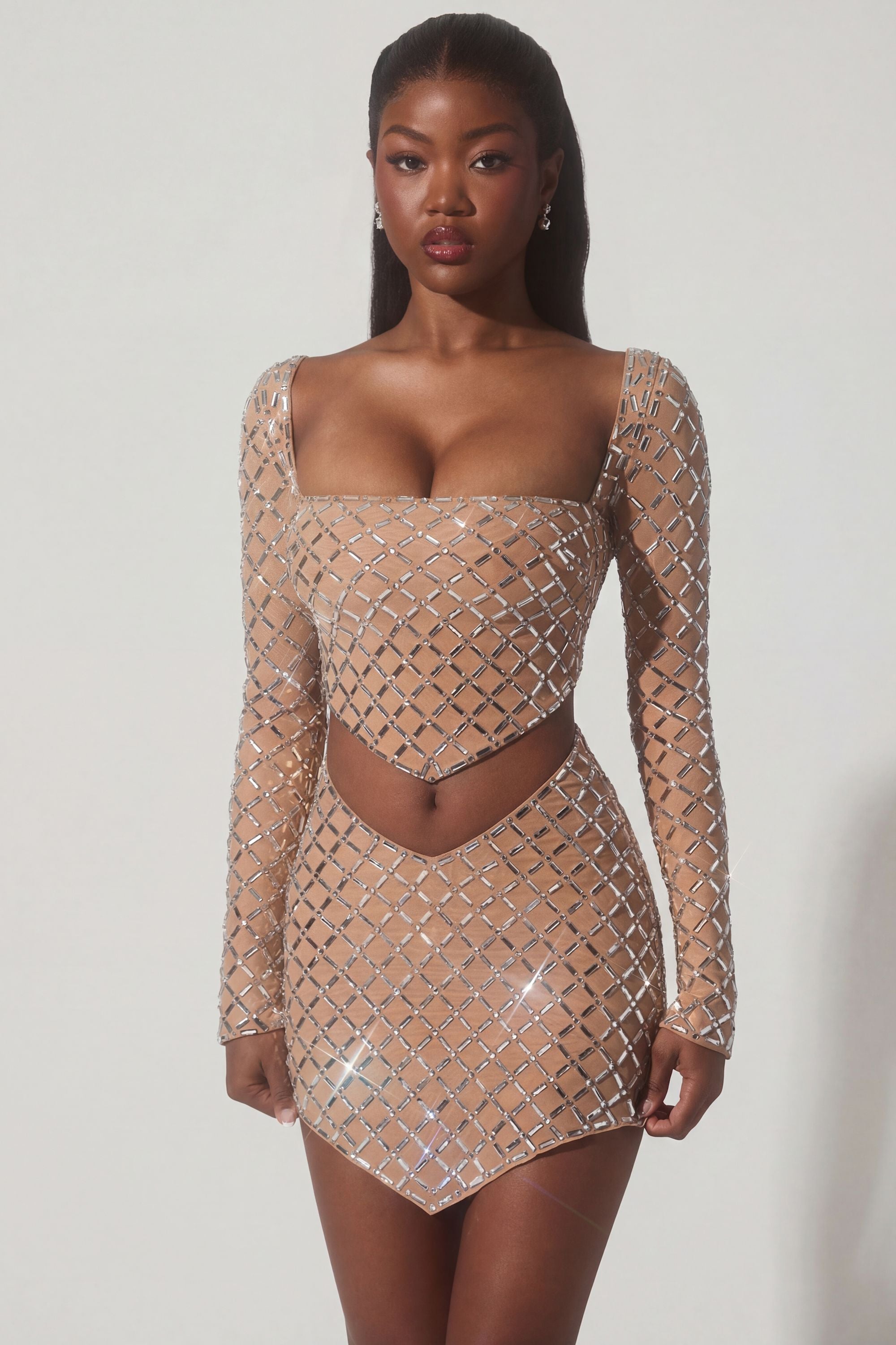 Embellished Asymmetric Crop Top in Honey