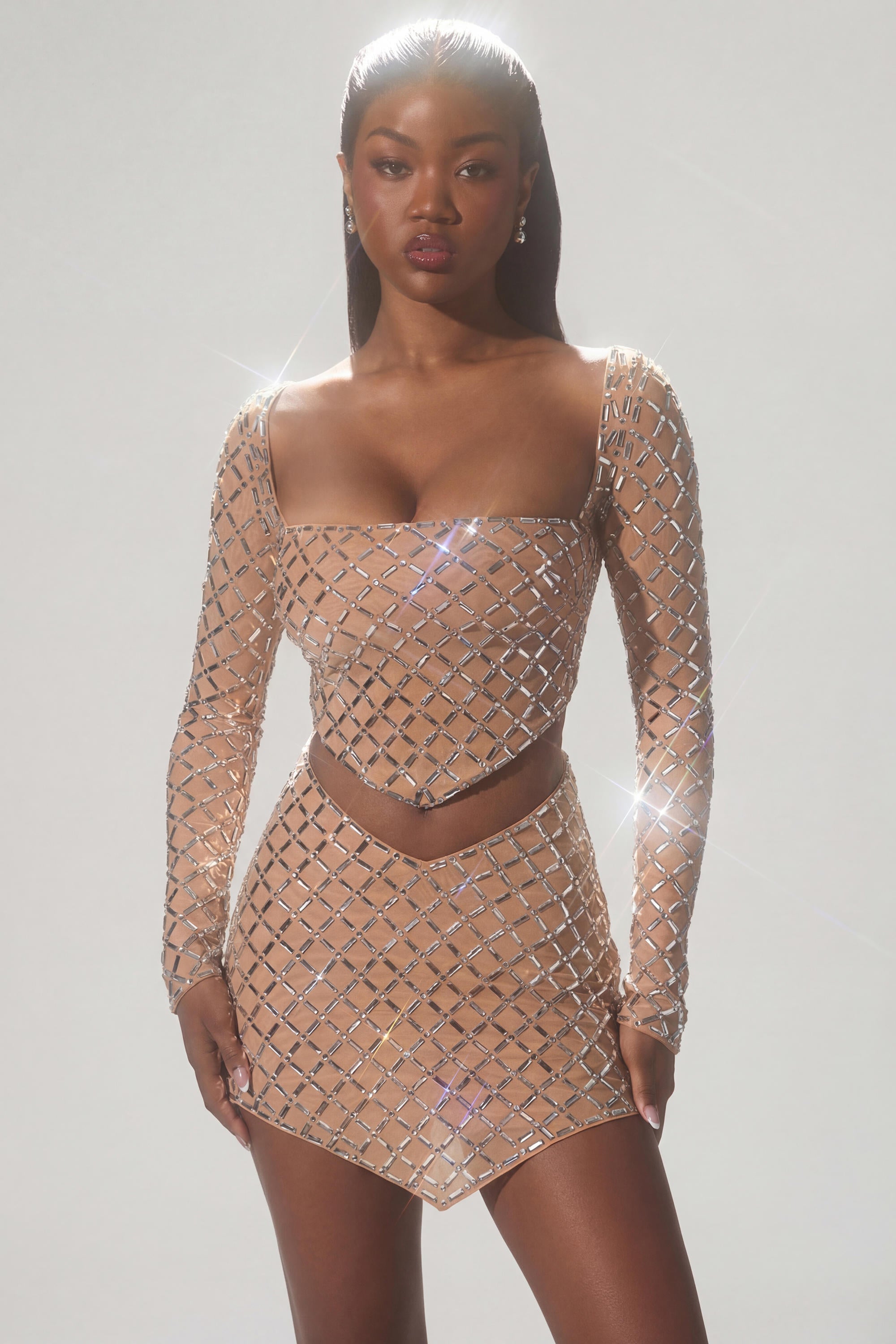 Embellished Asymmetric Crop Top in Honey