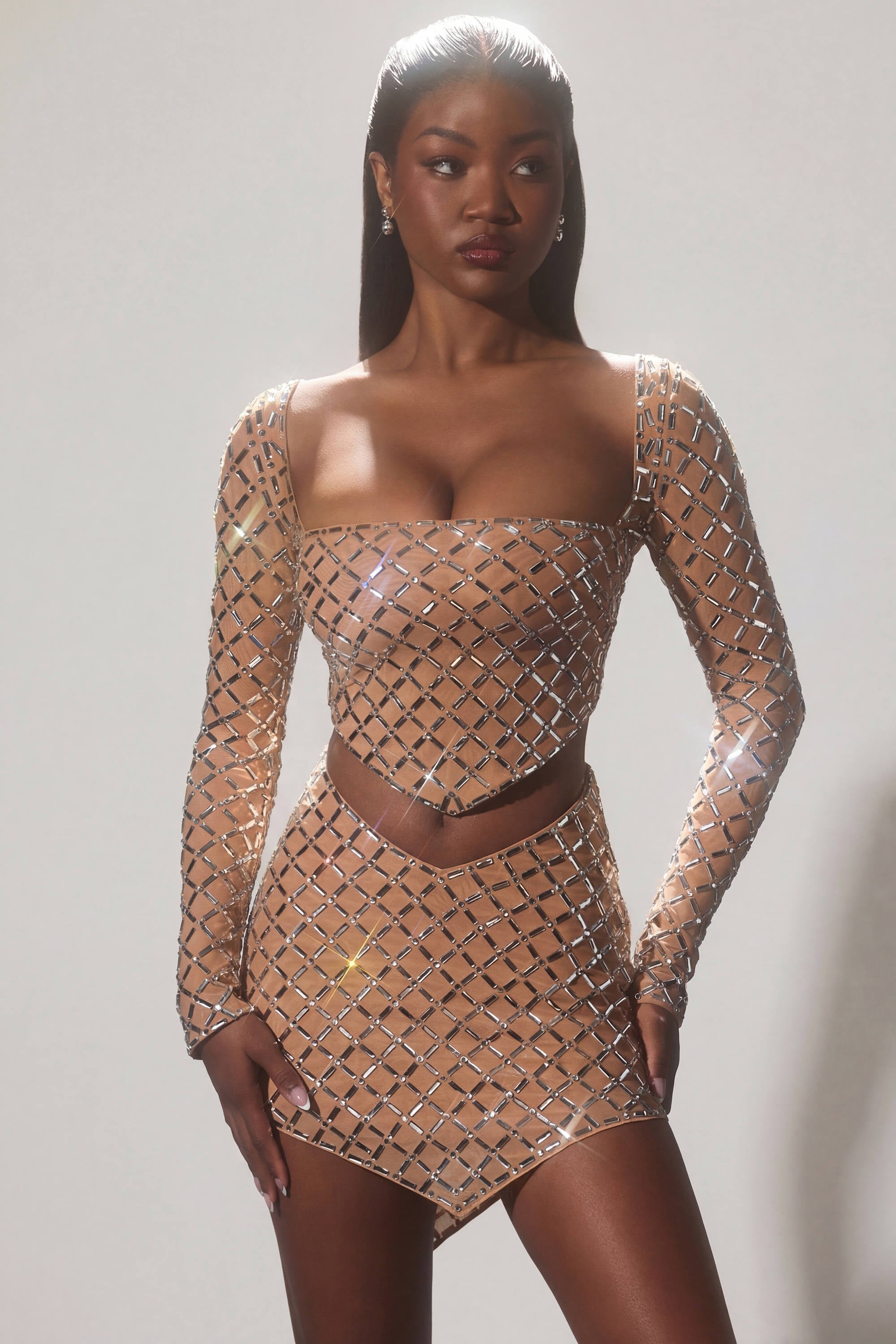 Embellished Asymmetric Crop Top in Honey
