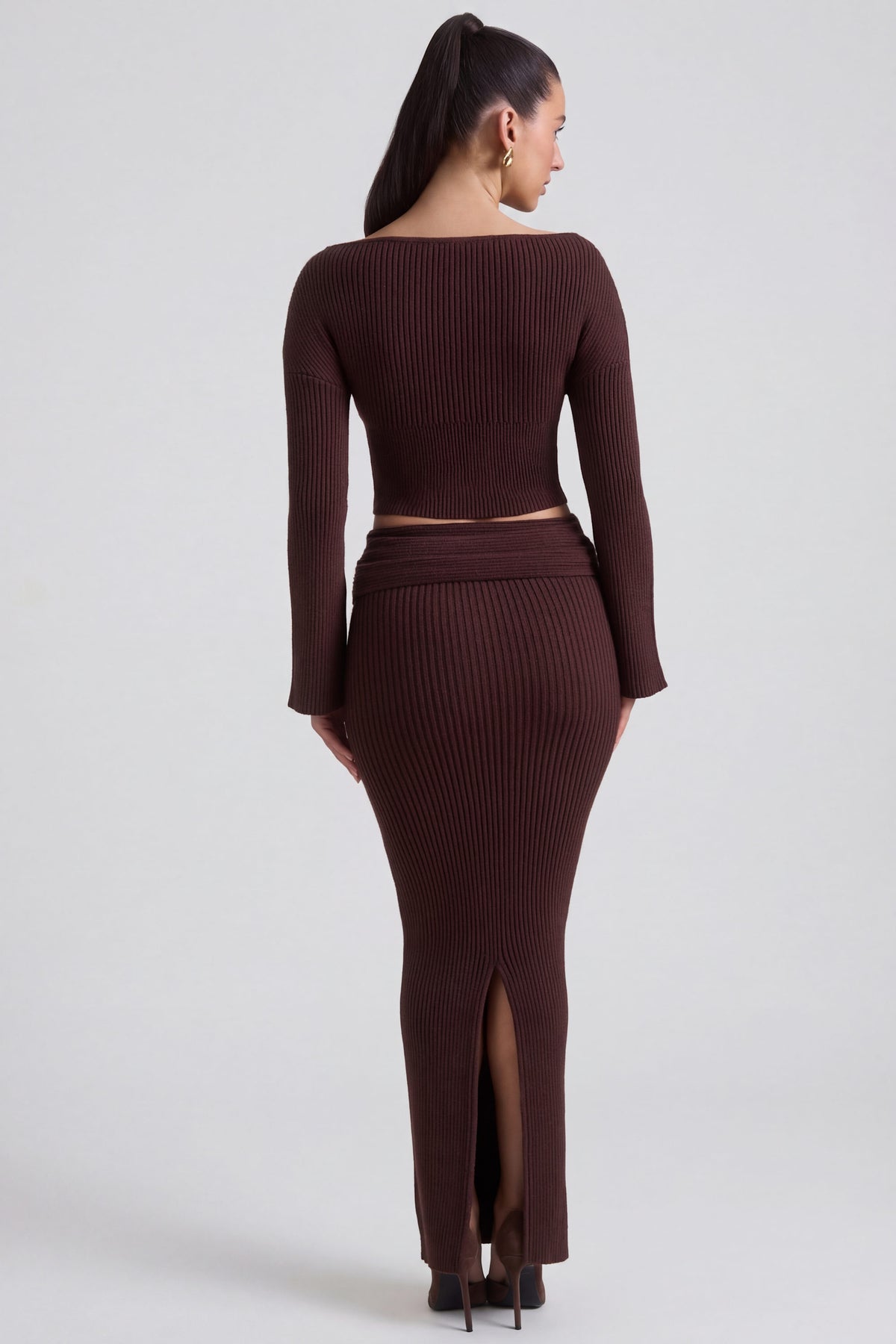 Ribbed-Knit Foldover Maxi Skirt in Espresso
