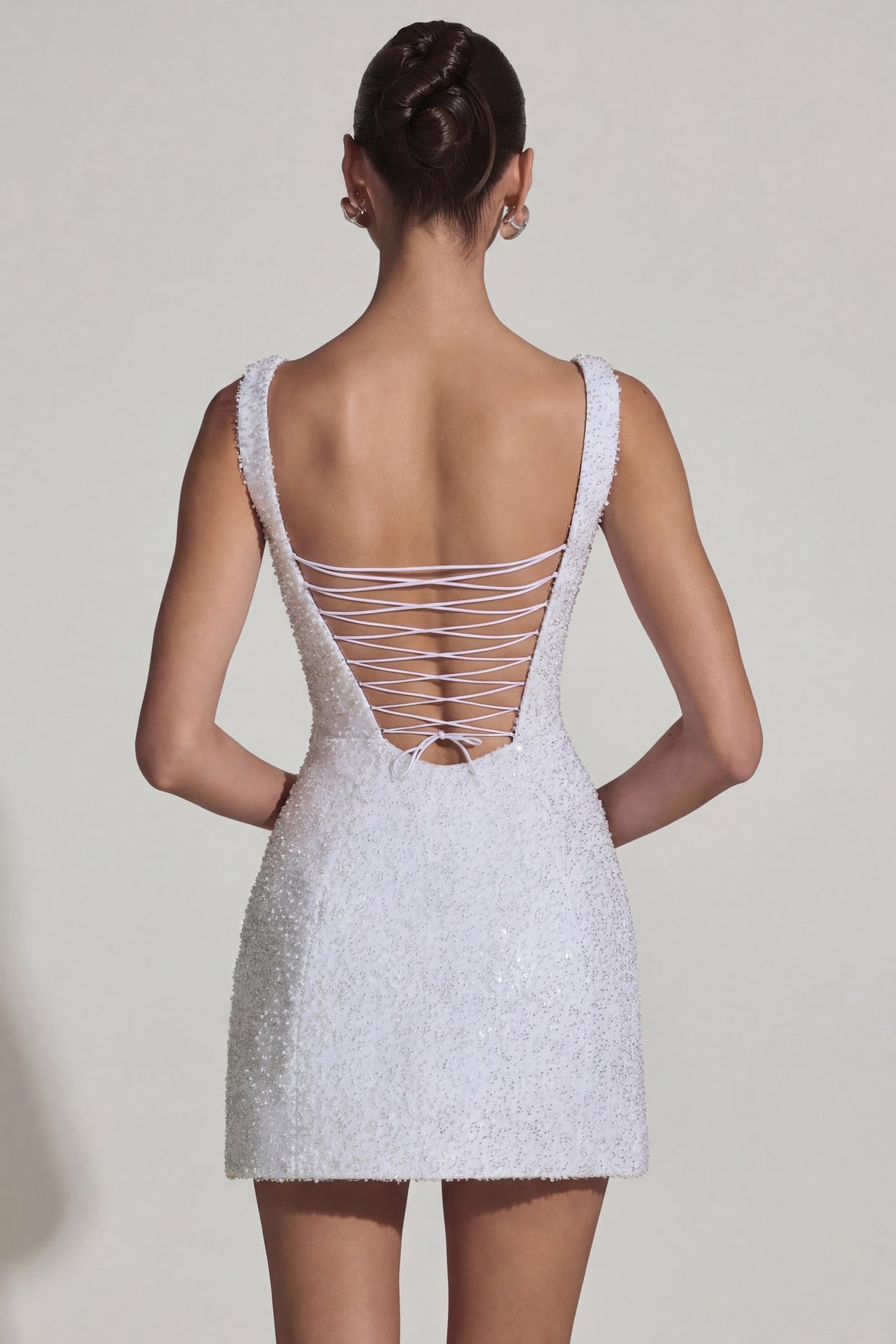 Embellished Structured A-Line Mini Dress in White - 8