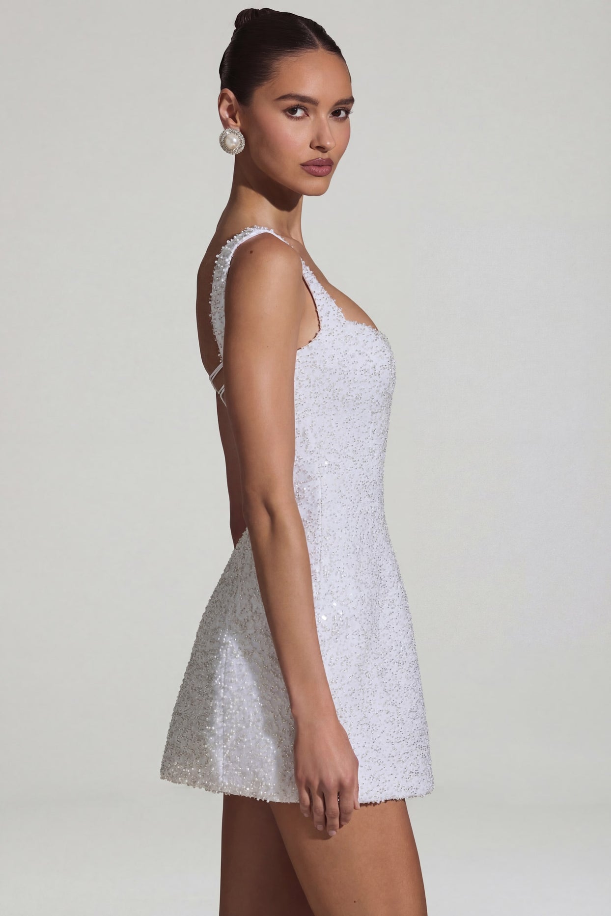 Embellished Structured A-Line Mini Dress in White - 4