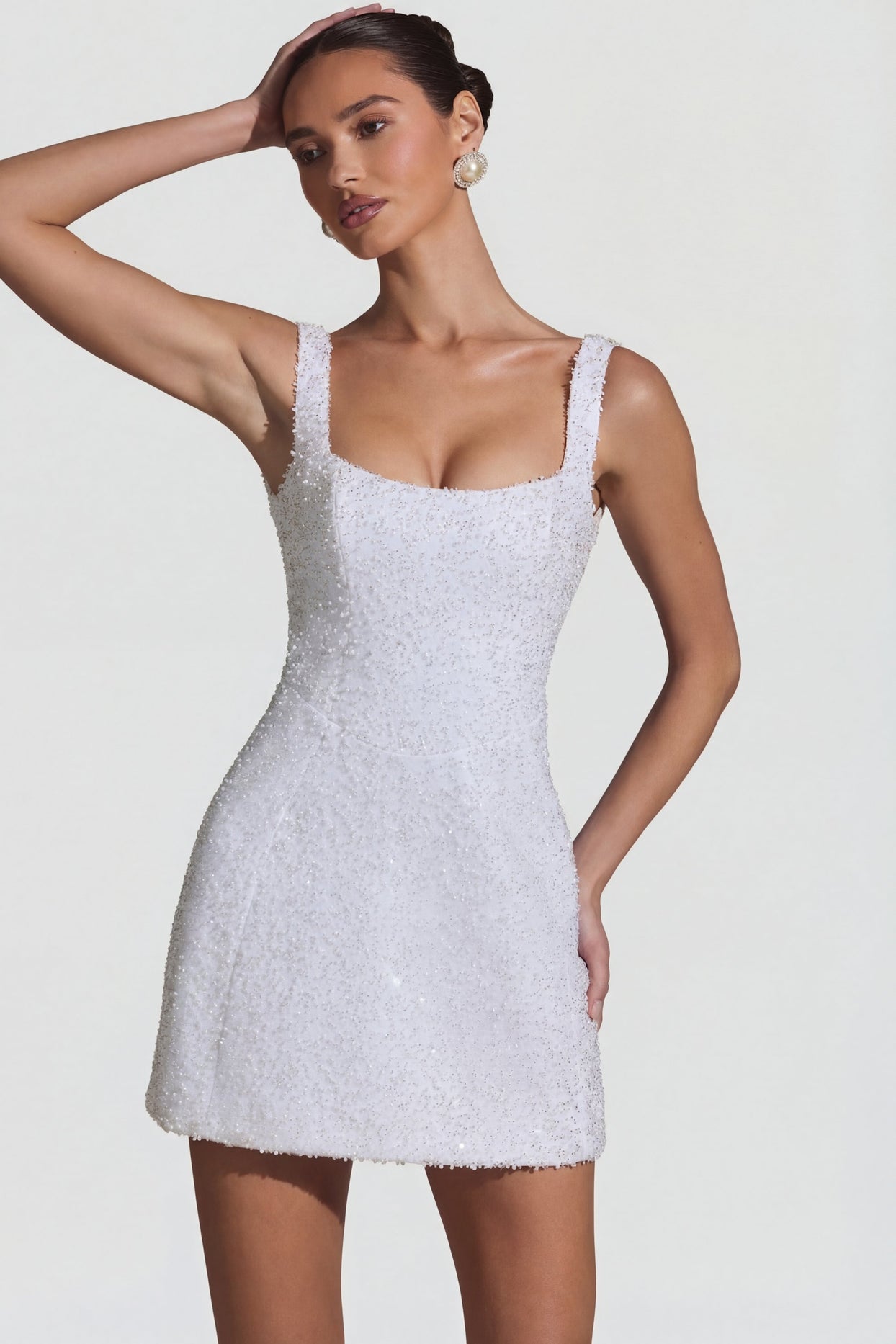 Embellished Structured A-Line Mini Dress in White - 7