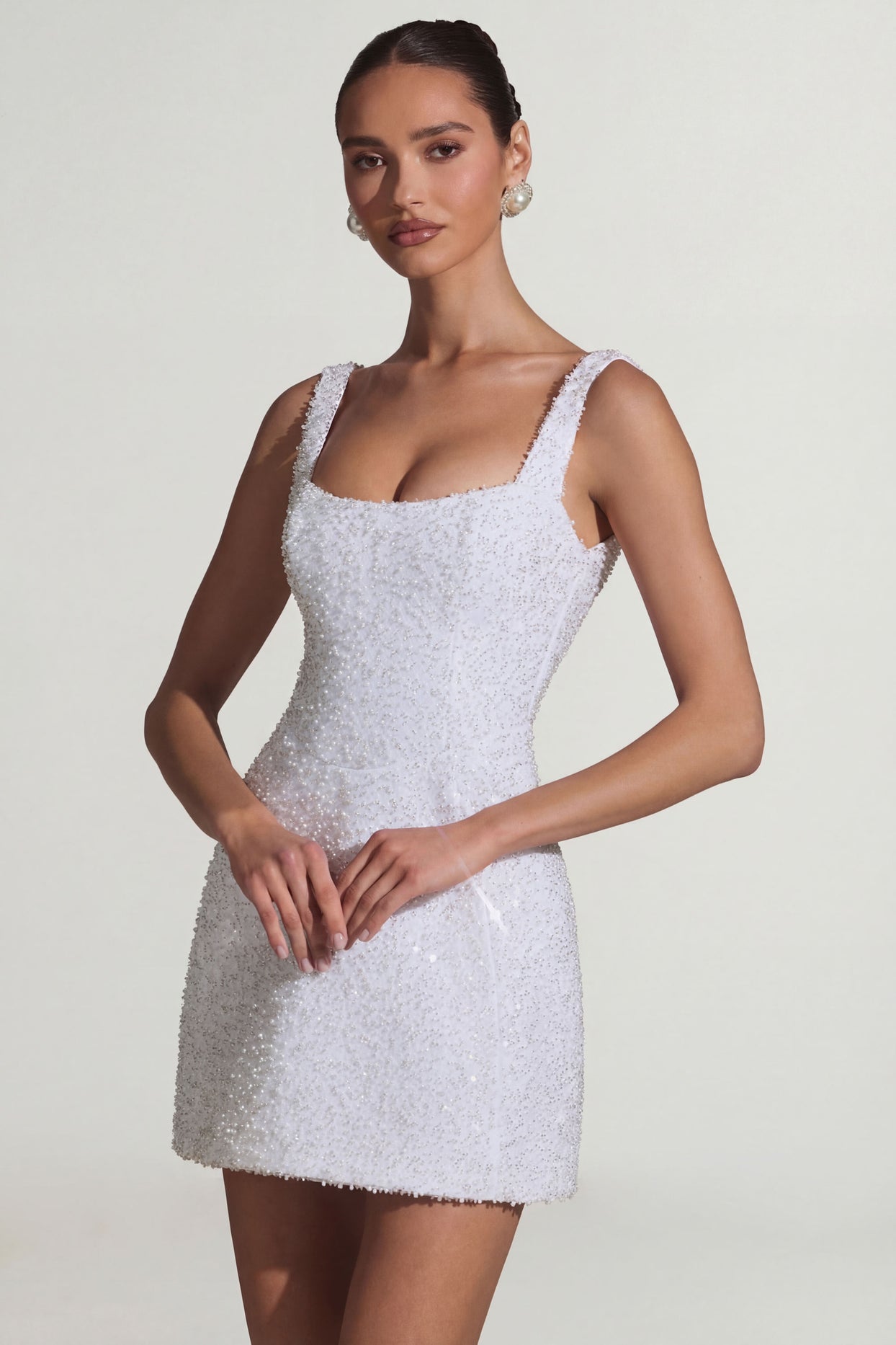 Embellished Structured A-Line Mini Dress in White - 9