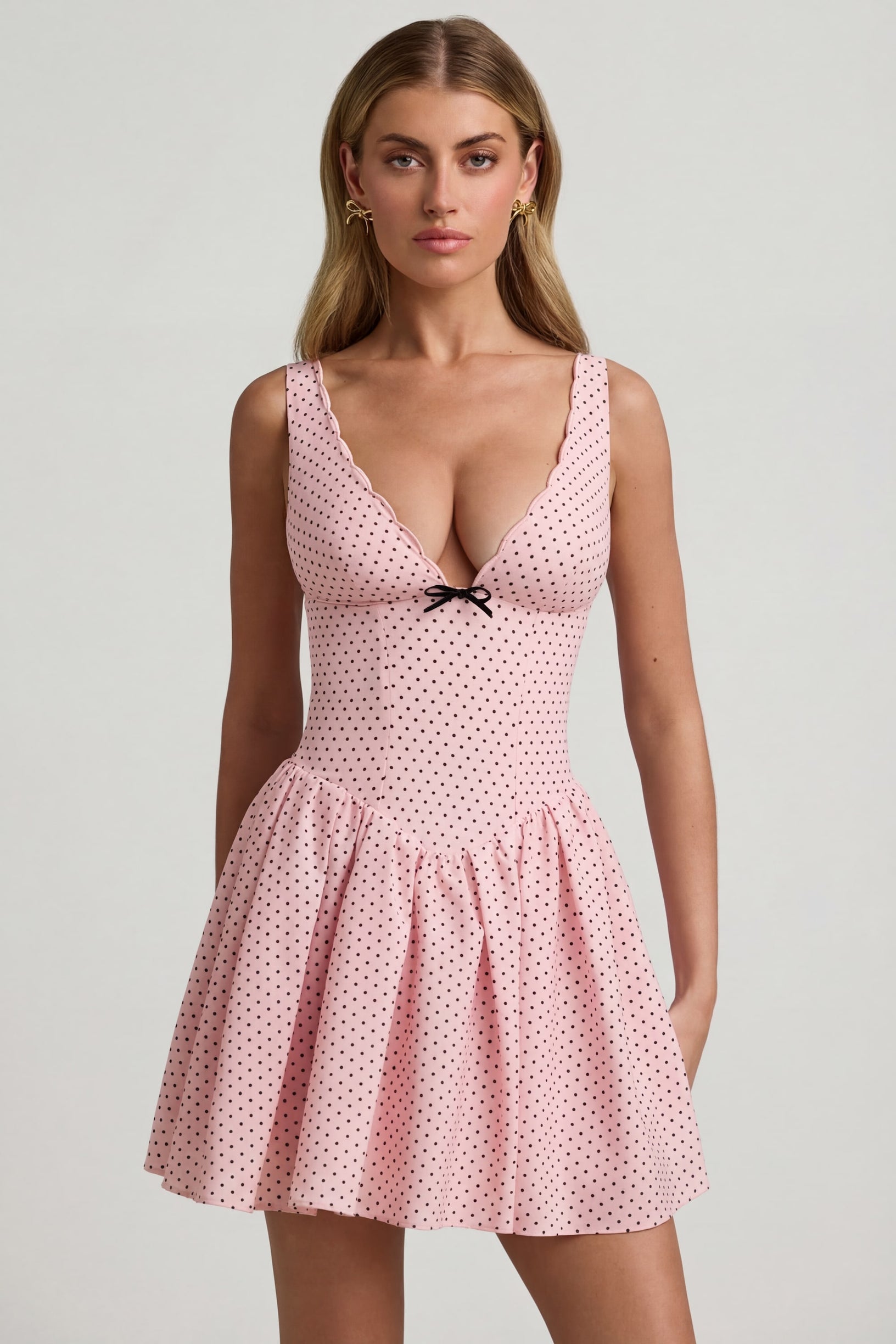 Bow-Detail A-Line Mini Dress in Pink Polka Dot - 1