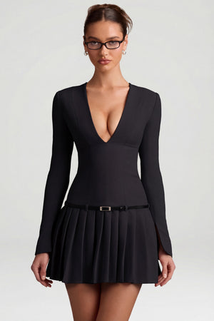 Fiorella Long-Sleeve Pleated Mini Dress in Black